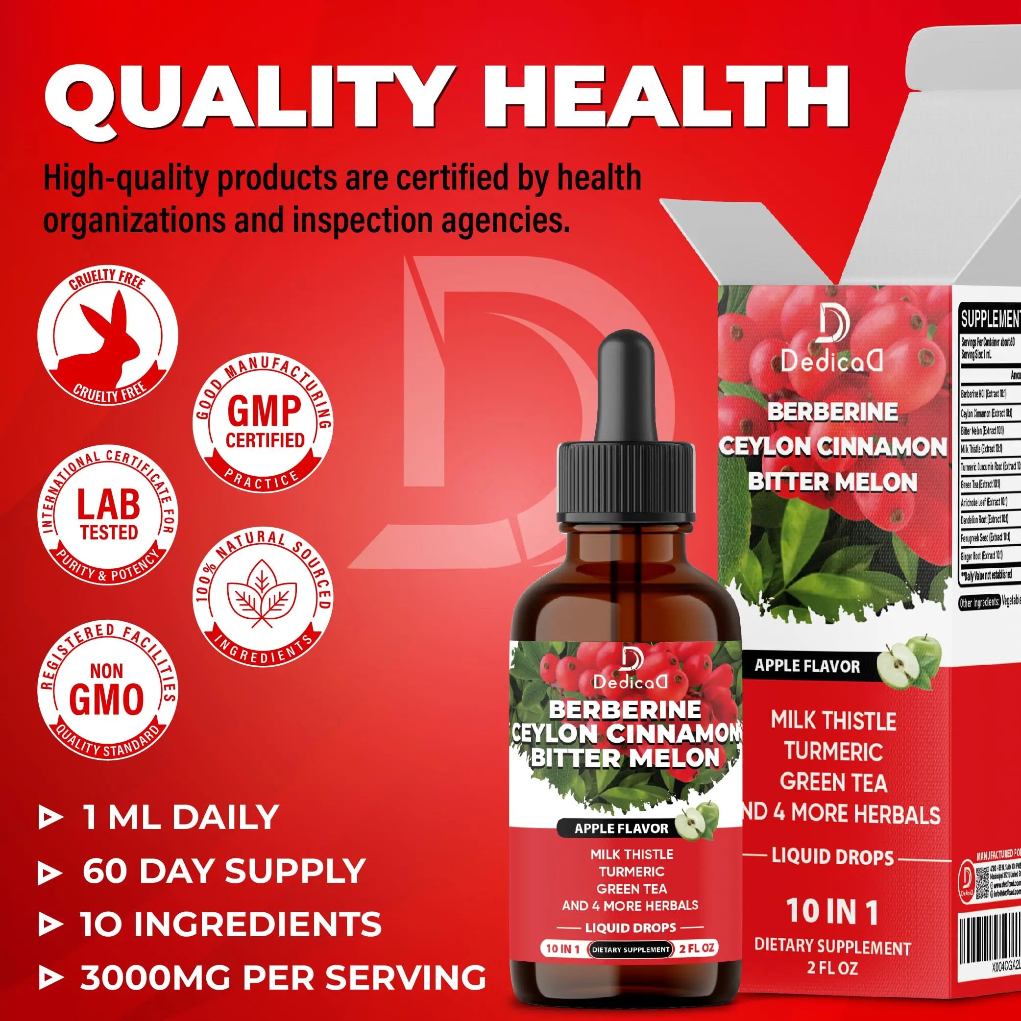 DEDICAD 10in1 Berberine HCl Drops - Liposomal Berberine Liquid - Activator Berberine with Ceylon Cinnamon, Bitter Melon, and 7 More - 60ml DEDICADnz supplements
