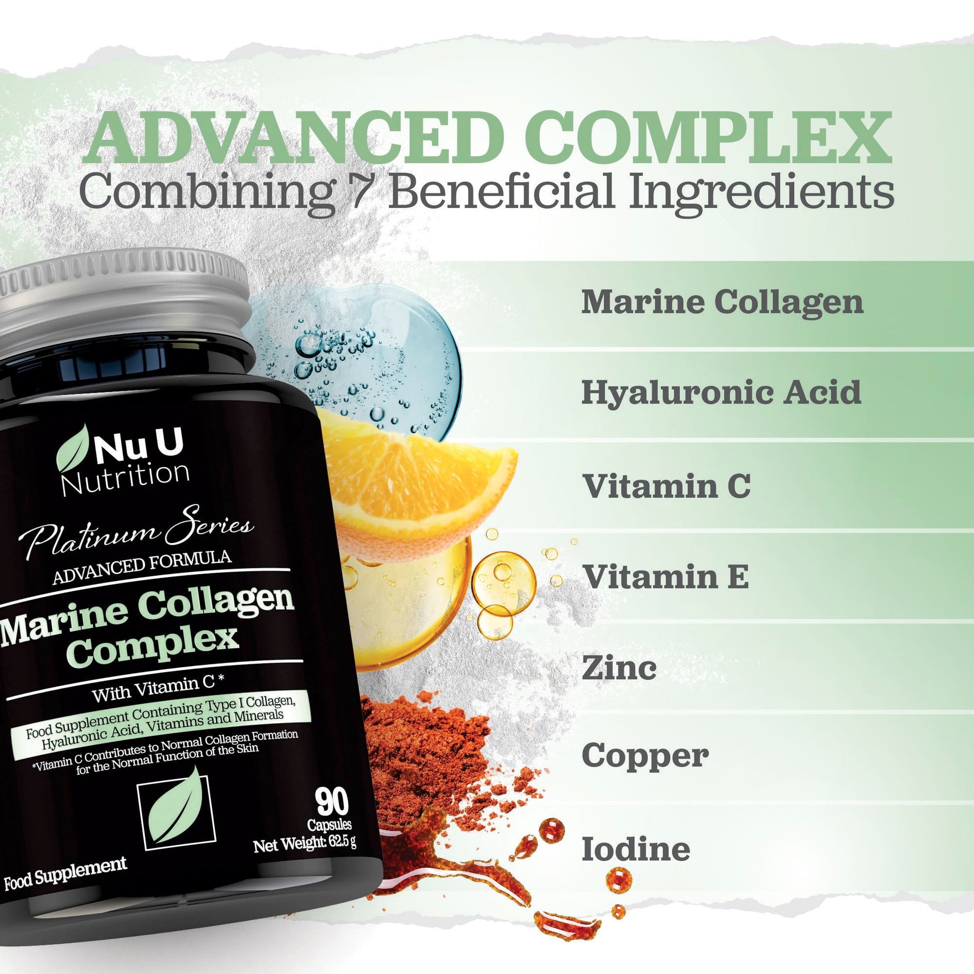 Marine Collagen with Hyaluronic Acid, Vitamin C - 90 Hydrolysed Capsules (not Tablets Nu U NutritionAu supplements