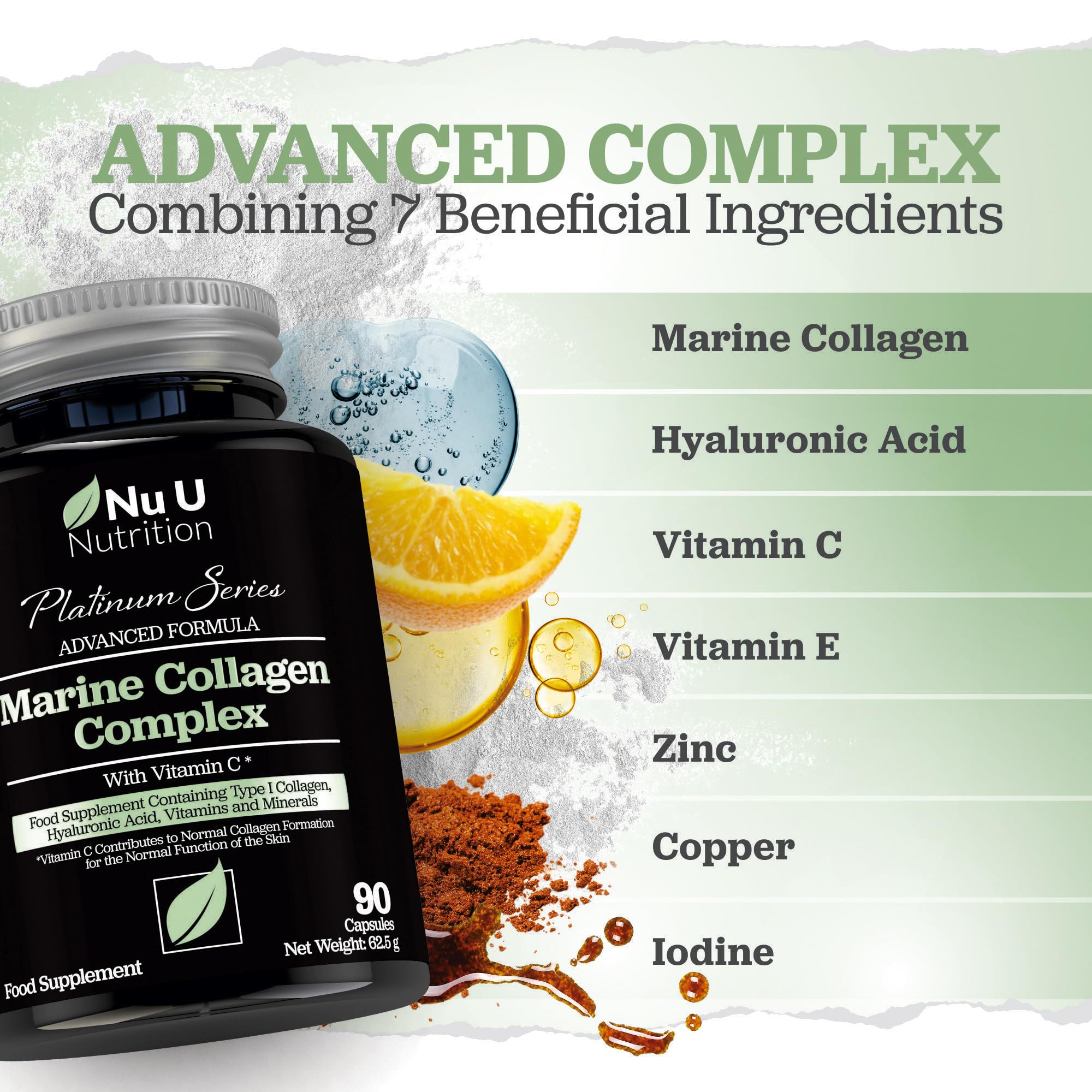 Marine Collagen with Hyaluronic Acid, Vitamin C - 90 Hydrolysed Capsules (not Tablets Nu U NutritionAu supplements