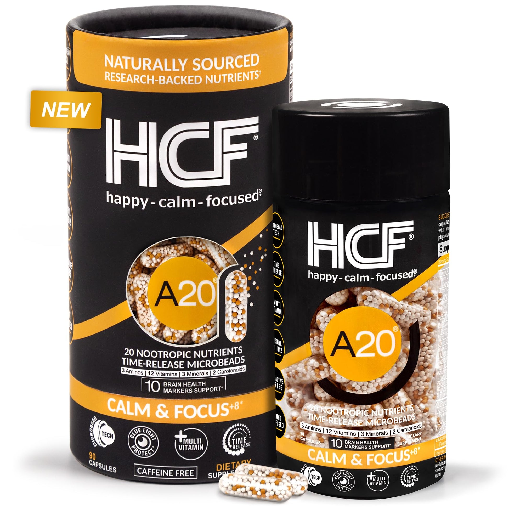 HCF A20 Microbead Brain Health Supplements for Adults for Memory, Focus, Calm, Mood, Alertness, Attention, Vision, Sleep, Immune System, 20 Premium Nootropic Nutrients Multivitamin & 7 Advances® Tech HCFAu supplements