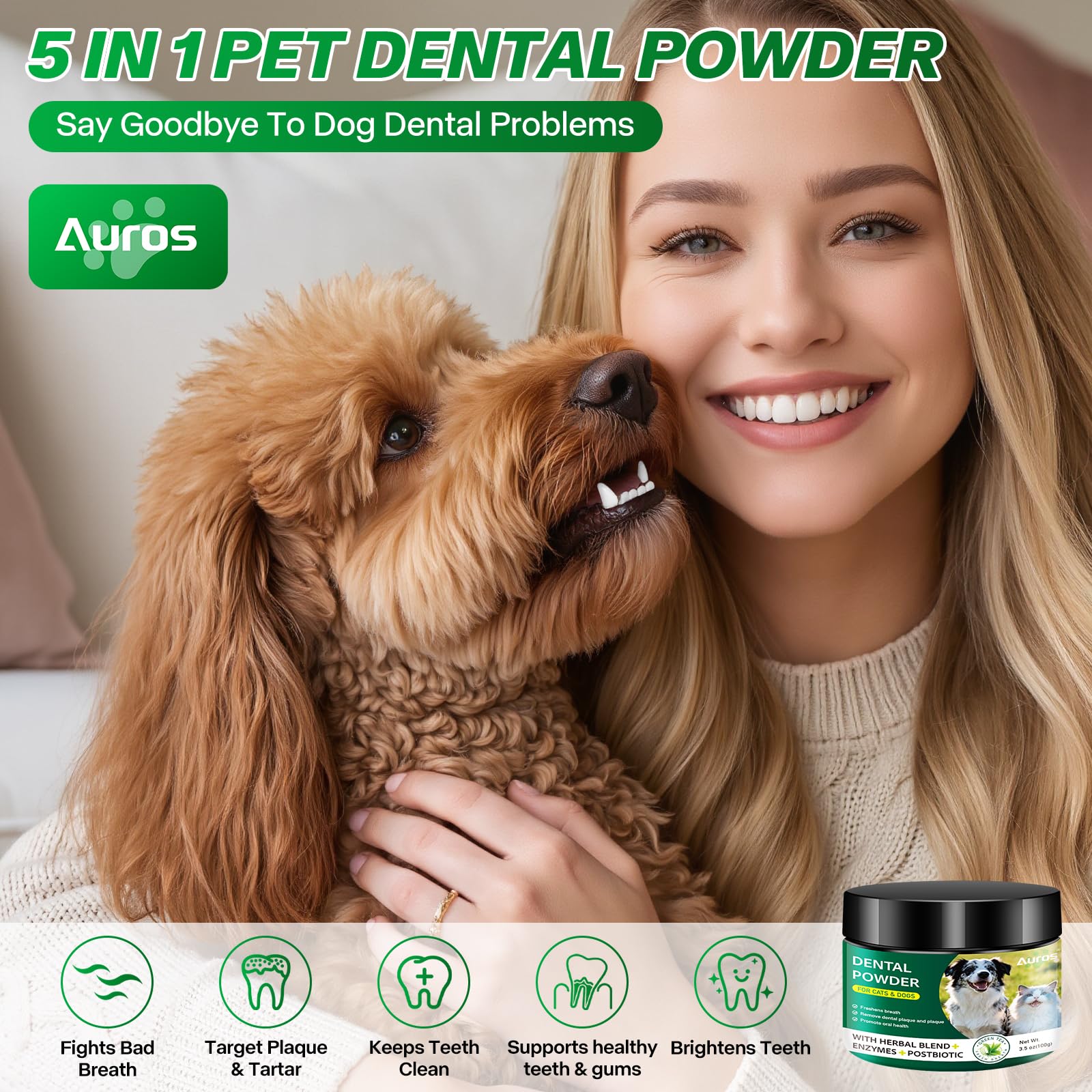 Dog Dental Powder for Teeth Cleaning Plaque & Bad Breath Off, Dental Powder for Dogs Teeth with Natural Herbal Blend & Postbiotics, Dog Teeth Cleaning Powder with Enzymes for Dogs & Cats (3.5oz) AUROSAu supplements