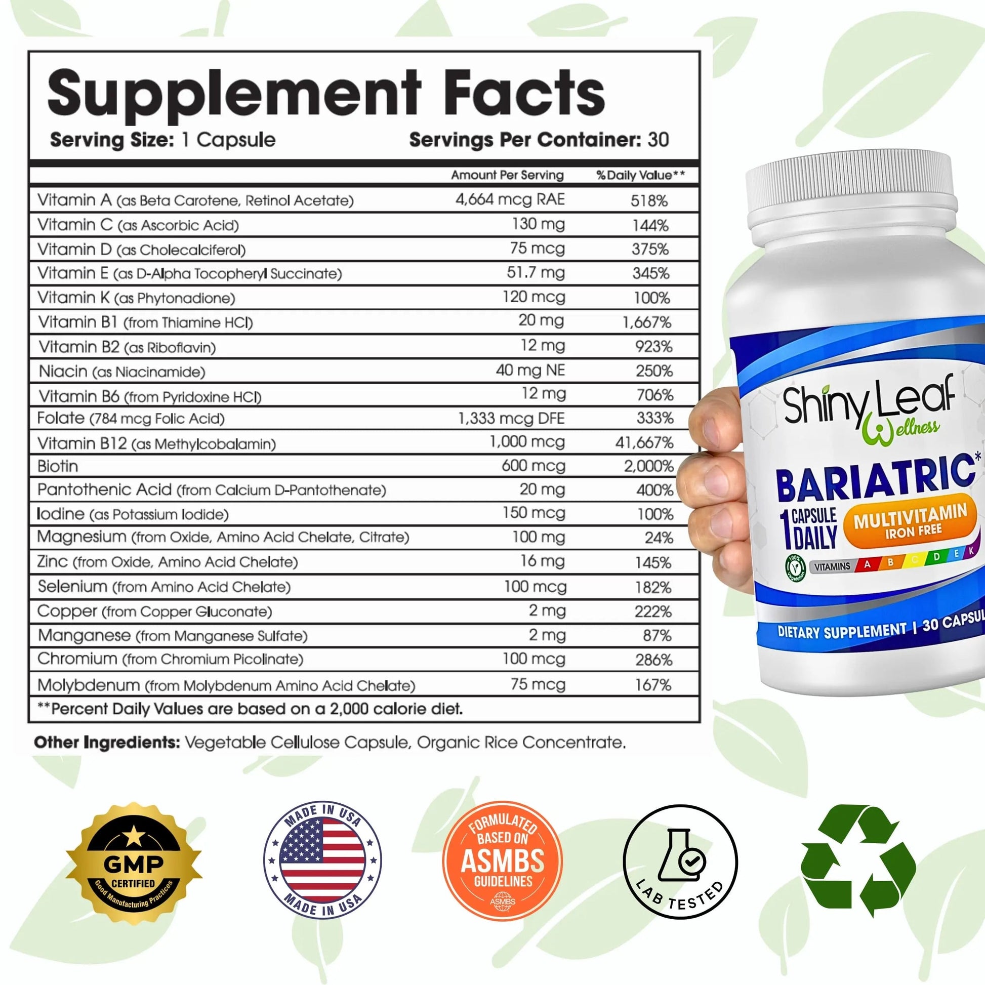Bariatric Multivitamin Iron-Free One Capsule Per Day and CoQ10 100mg Supplement for Brain Health and Energy Management for Women and Men - 1 Month Supply Shiny LeafAu supplements