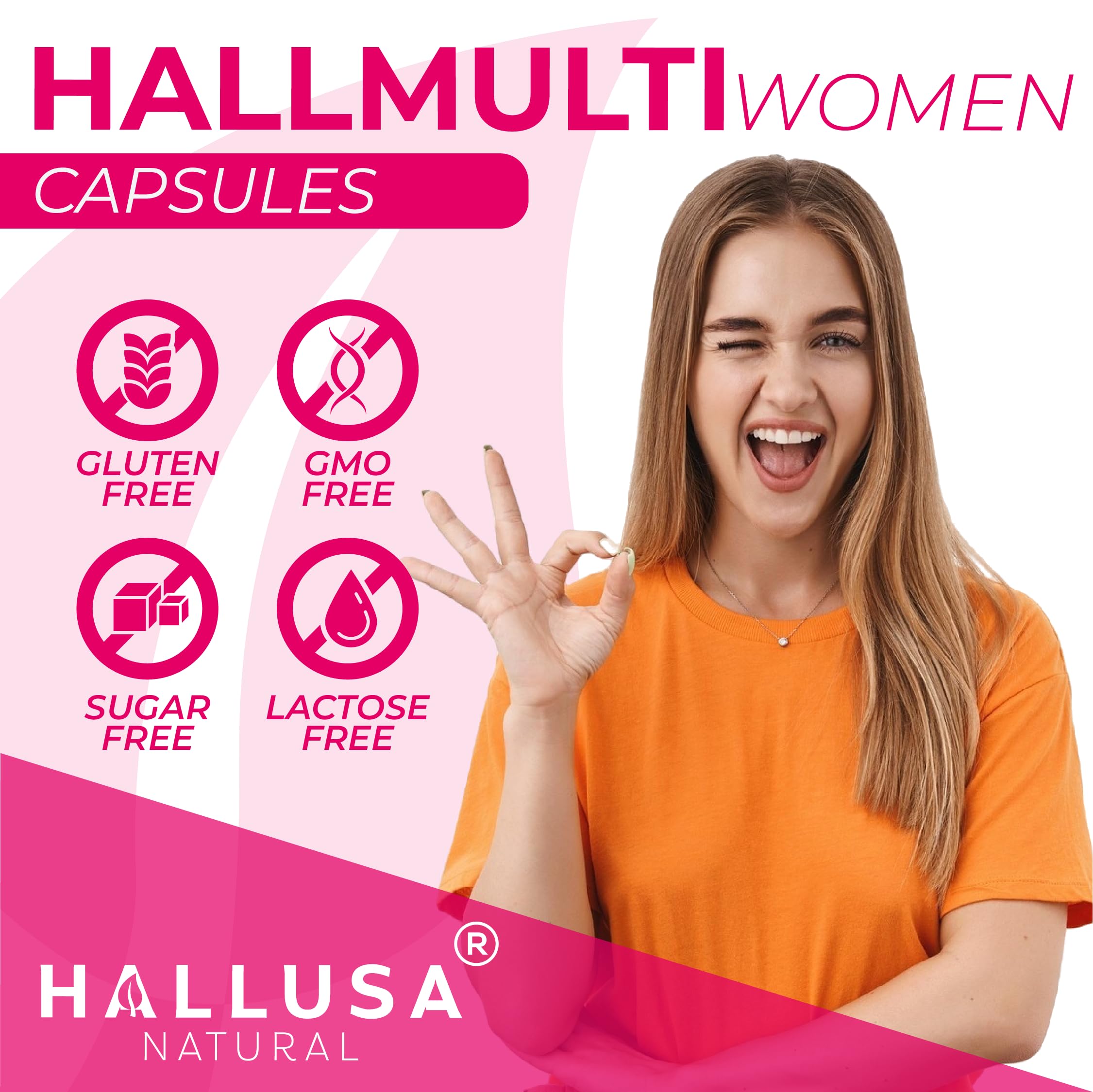 Women’s Multivitamin 18+ Vitamins & Minerals | Biotin, Folic Acid, Zinc, Calcium, Magnesium & Vitamin D | Hair, Skin & Nails Support, Energy Hallusa NaturalUS supplements