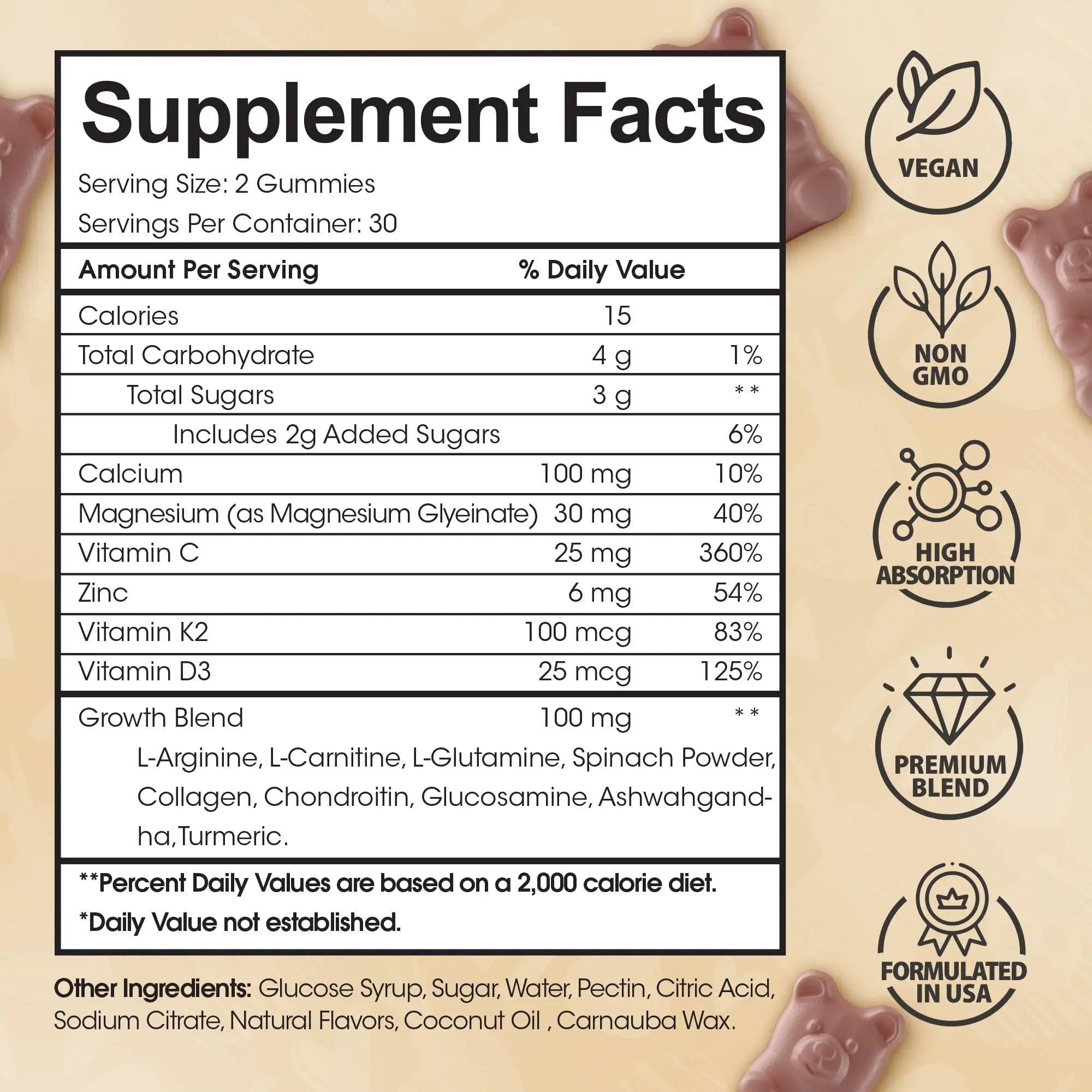 Height Growth Increase Vitamin Gummies, Calcium 100mg, Magnesium Glycinate 30mg, Zinc, Ashwagandha, Vitamin K2 D3 25mg Grow Tall Maximizer Supplement HighSpotAu supplements