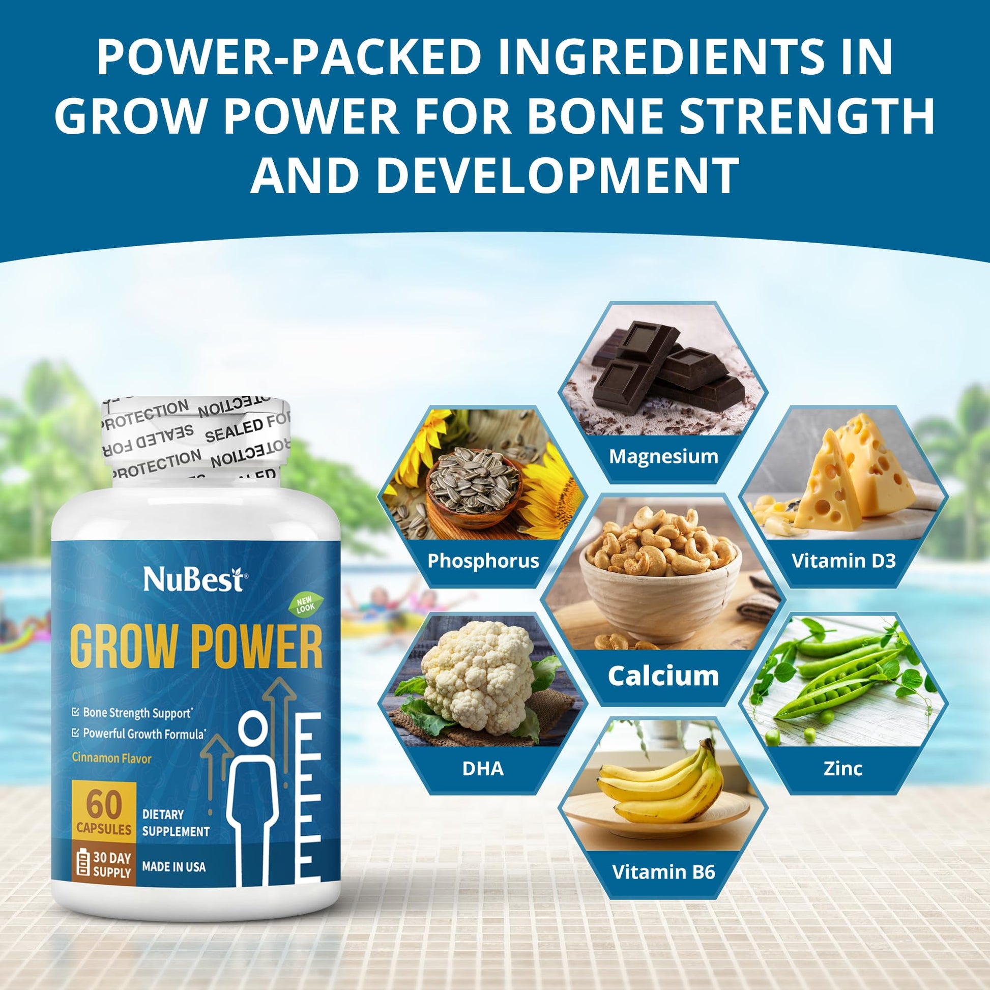 NuBest Grow Power - Calcium Supplement, Magnesium Supplement with Vitamin D3, B6, Zinc, Phosphorus and Multivitamin for Strong Bones, Overall Health for Age 10+ | 60 Capsules | 1 Month Supply NuBestAu supplements