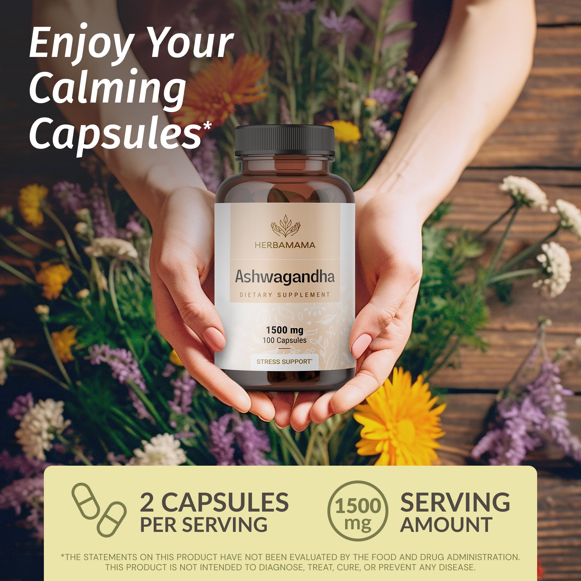 HERBAMAMA Ashwagandha Capsules - 1500mg Pure Ashwagandha Root Focus Supplement - Vegan, Non-GMO Mood & Calm Support Supplement for Adults, 100 Caps HERBAMAMAAu supplements