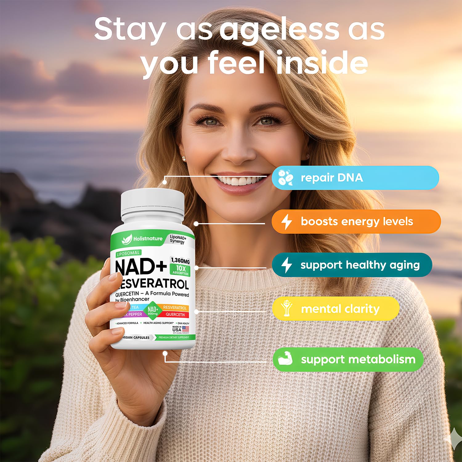 NAD+ Supplement, 1,360mg Max Strength Liposomal | Resveratrol, Quercetin, Green Tea | Cellular Energy & Healthy Aging for Men & Women | 800mg of 100% High Purity NAD+ for Energy, Focus - 90 Capsules HolistnatureAu supplements