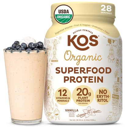KOS Vegan Protein Powder Erythritol Free, Vanilla USDA Organic - Pea Protein Blend, Plant Based Superfood Rich in Vitamins & Minerals - Keto, Dairy Free - Meal Replacement for Women & Men, 28 Servings KOSUS supplements