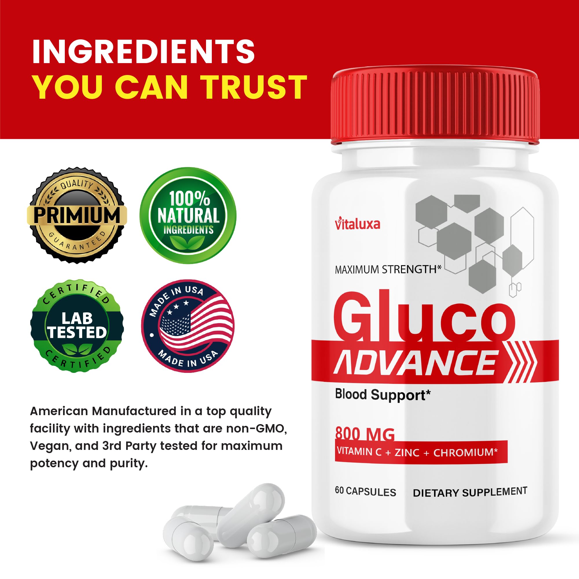 Gluco Advance Capsules, Gluco Advanced Blood Support Supplement GlucoAdvance Pills for Joints, GlucoseAdvance Premium Blend Flow Balance All Natural Formula Overall Health Wellness (60 Capsules) VitaluxaAu supplements