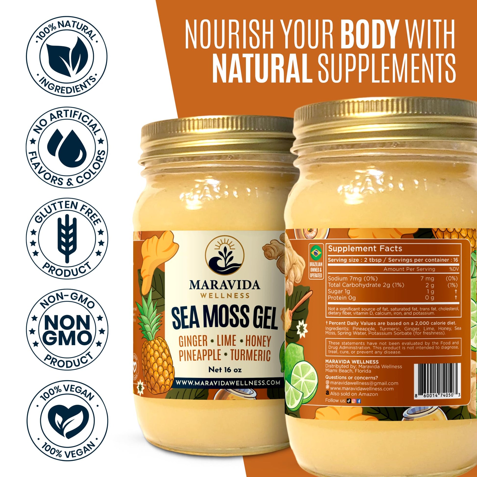 Maravida Wellness Sea Moss Gel – Pineapple, Lime, Honey, Ginger & Turmeric – 100% Natural Raw Organic Irish Moss – 16oz Jar – Premium Superfood for Everyday Wellness Maravida WellnessAu supplements