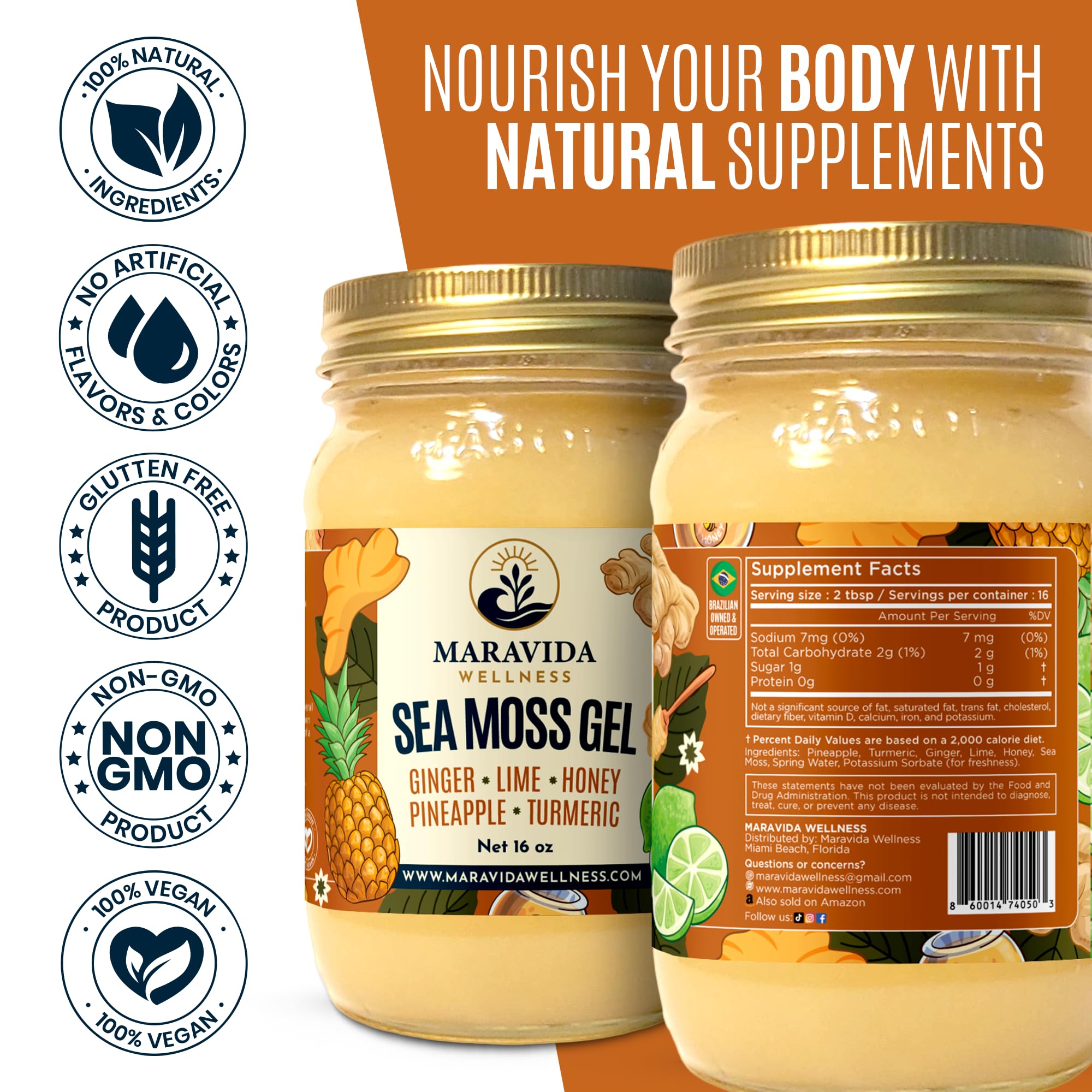 Maravida Wellness Sea Moss Gel – Pineapple, Lime, Honey, Ginger & Turmeric – 100% Natural Raw Organic Irish Moss – 16oz Jar – Premium Superfood for Everyday Wellness Maravida WellnessAu supplements