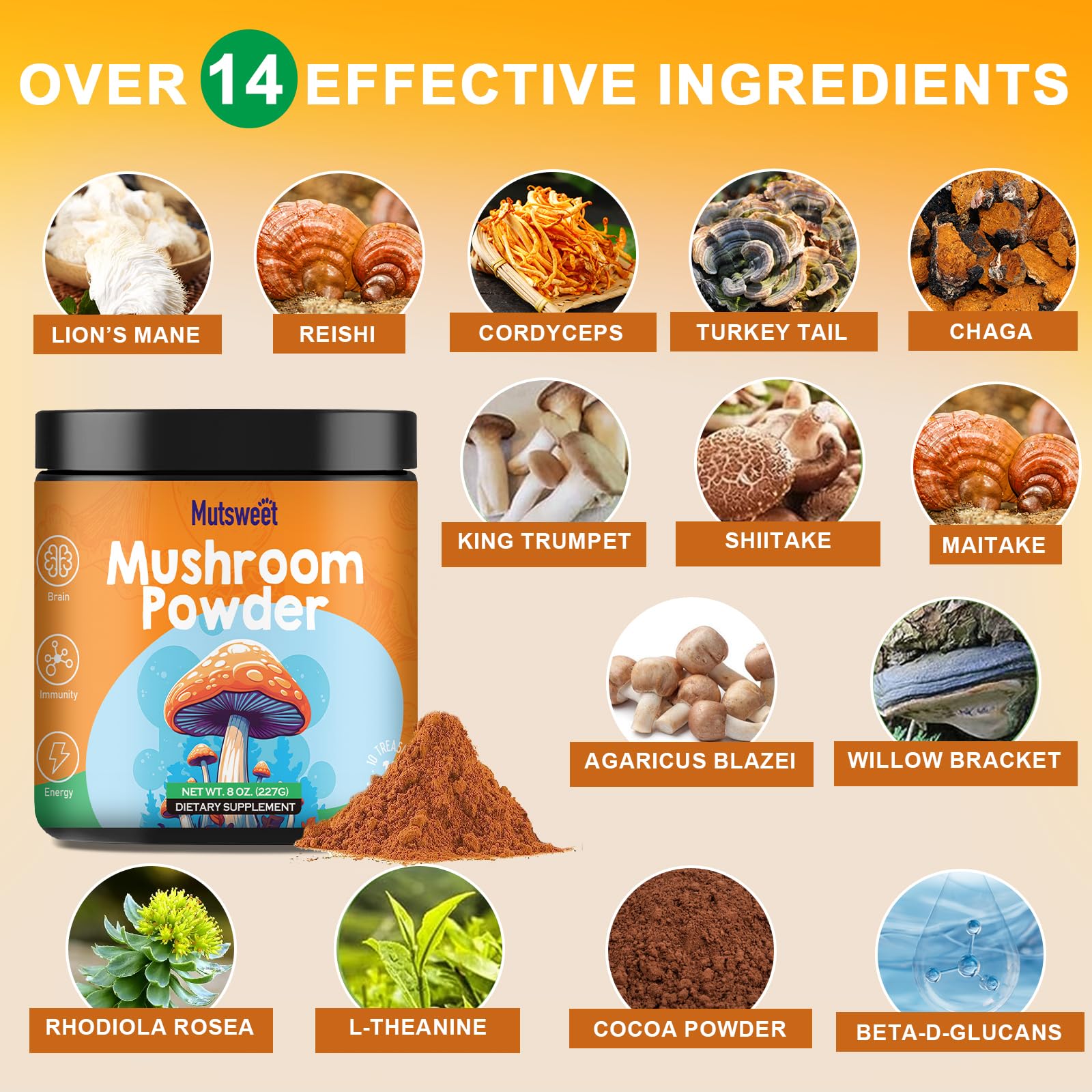 Mushroom Powder Blend (75 Servings), Ten Mushroom Supplement with Lions Mane MutsweetUS supplements