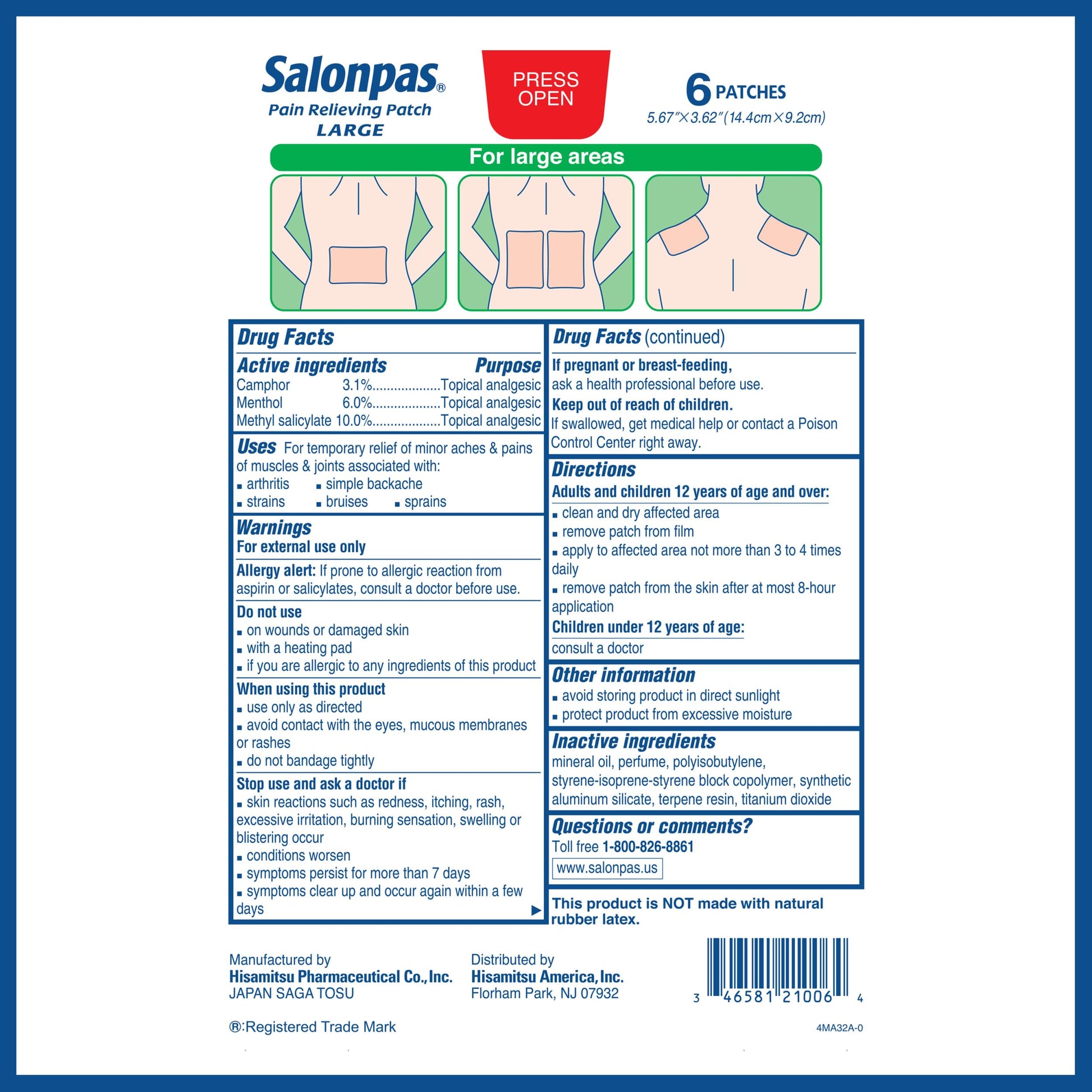 Salonpas Pain Relieving Patch, Large, 6 Count, for Back, Neck, Shoulder, Knee Pain and Muscle Soreness, 8 Hour Pain Relief SalonpasAu supplements