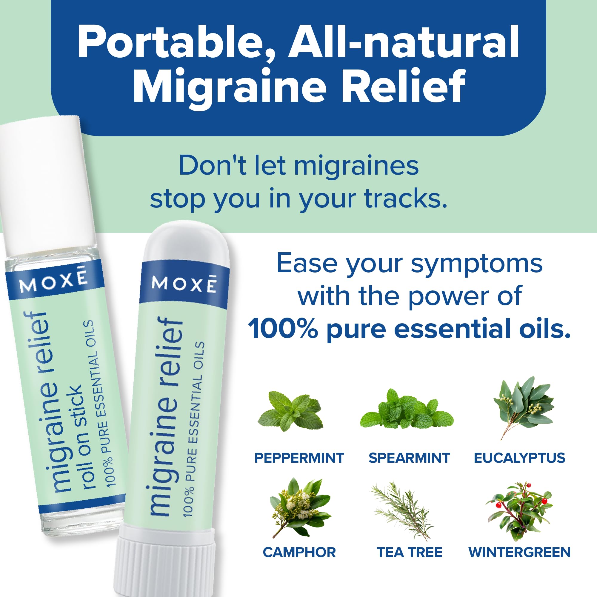 MOXE Migraine Rollon Stick & Nasal Inhaler, Fast Cooling Comfort for Headaches & Tension, Non-Medicated Soothing Vapors, Peppermint, Eucalyptus, and Other Essential Oils, Metal Roller, Made in USA MOXEAu supplements