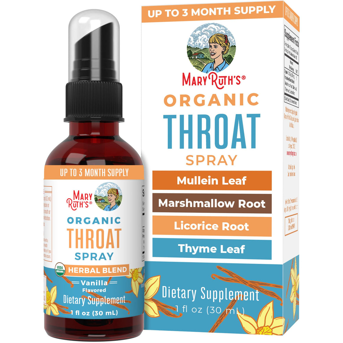 MaryRuth Organics USDA Organic Throat Spray with Mullein Leaf | Marshmallow Root & Licorice Root & Thyme Leaf | Vanilla | 4 Herbal Blend | Non-GMO | Vegan | Gluten Free | 1 Fl Oz | Up to 100 Servings MARYRUTH'SUS supplements