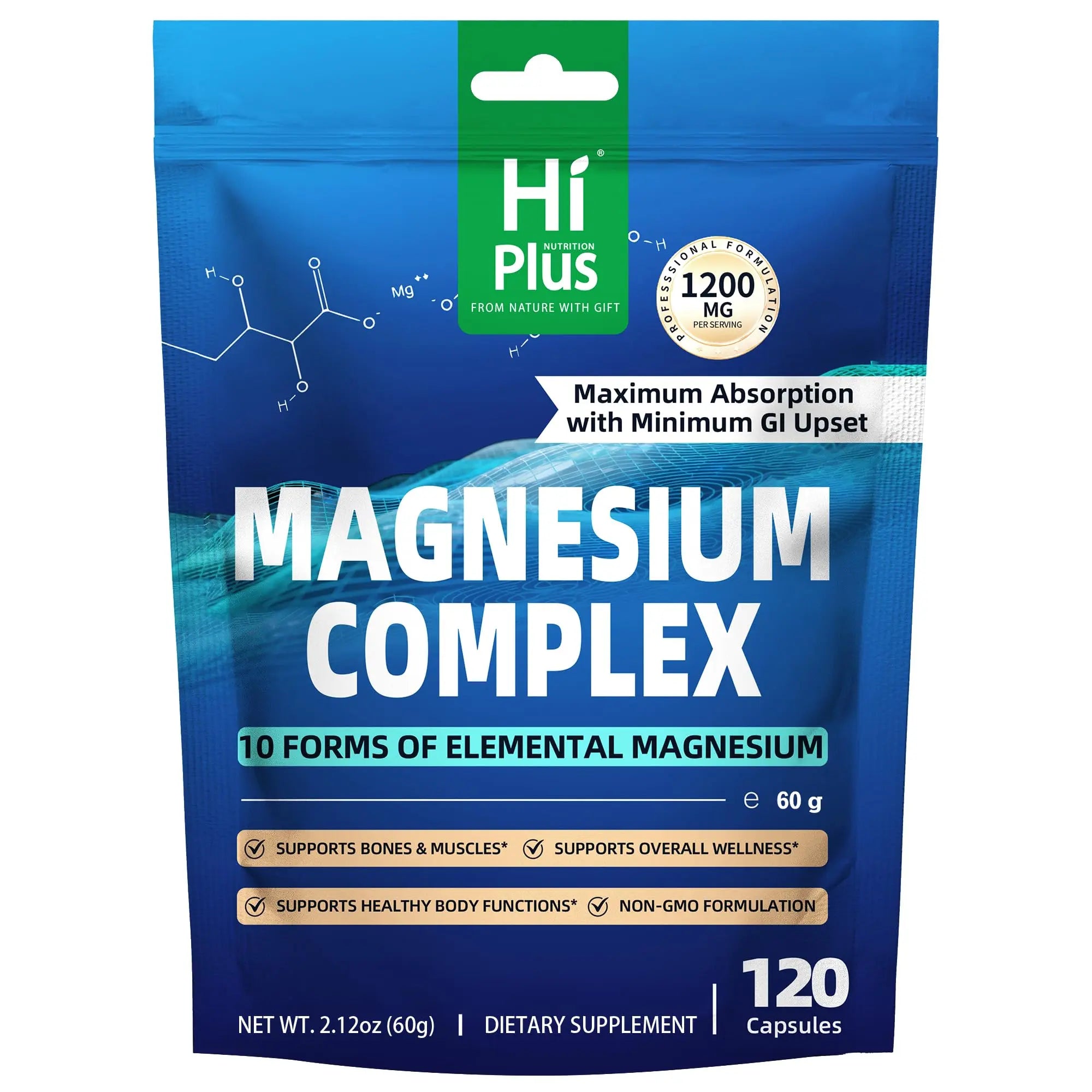 Magnesium Complex Supplement with 10 Forms of Elemental Magnesium, 1200 mg per Serving, Magnesium Glycinate, Citrate, Malate & Taurate, High Absorption Vegan Capsules, Non-GMO HiPlusAu supplements