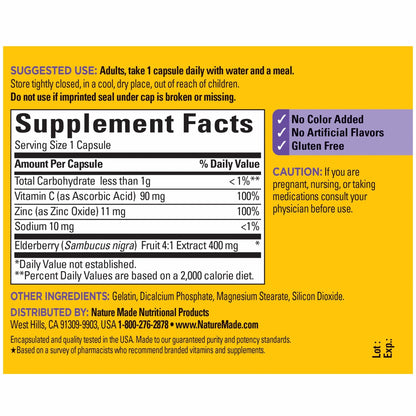 Nature Made Elderberry 400 mg Extract with Vitamin C and Zinc, Dietary Supplement Nature MadeUS supplements