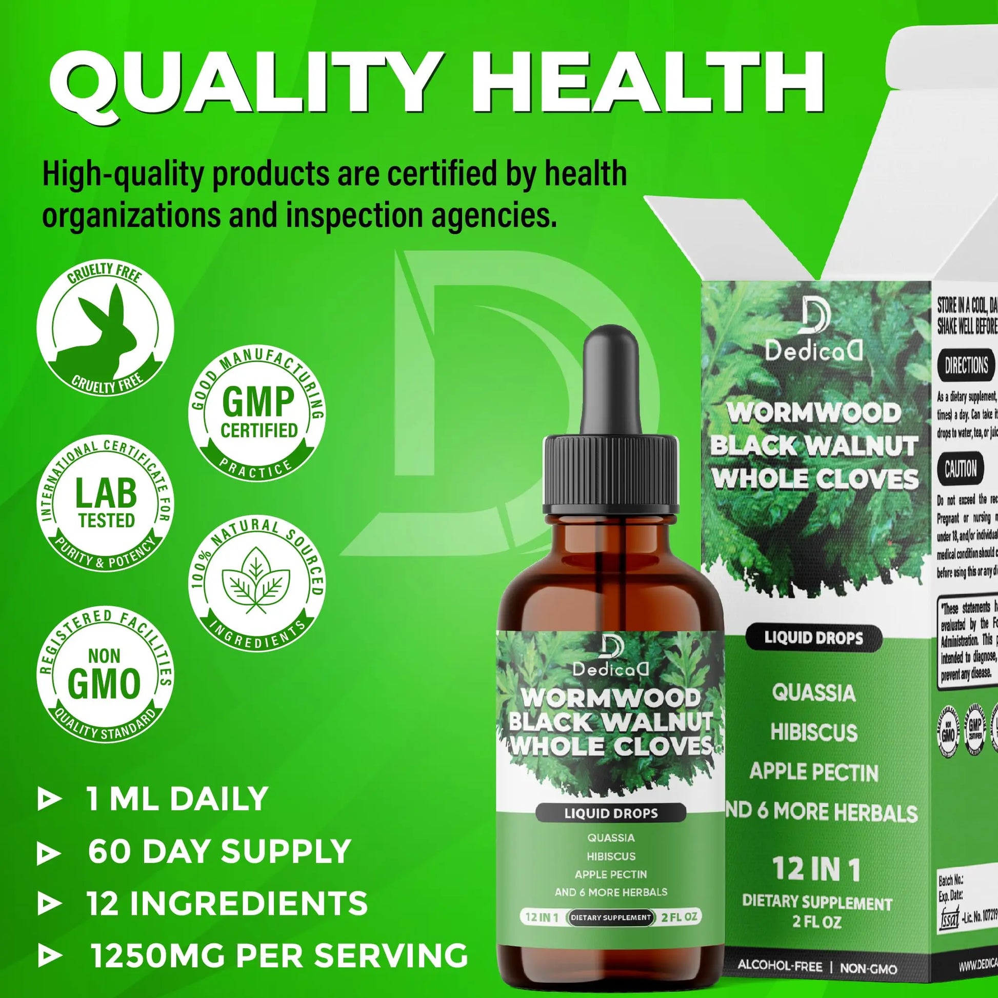 DEDICAD 12in1 Wormwood Liquid Drops - Black Walnut Wormwood Tincture Liquid Extract Whole Cloves and 9 More Herbs - 60 Days Supply DEDICADnz supplements