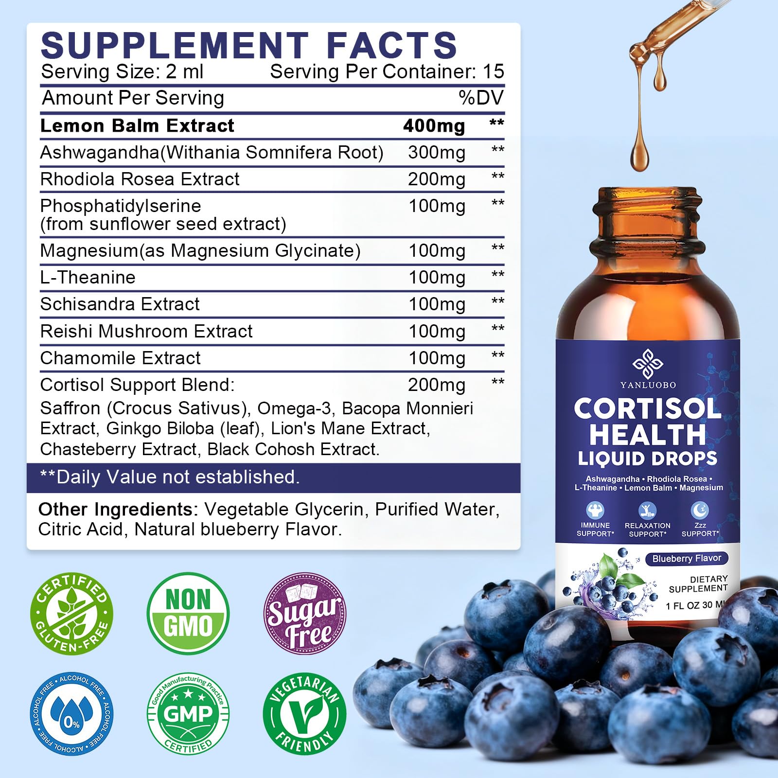 Cortisol Supplements for Women - Cortisol Manager Liquid Drops with Magnesium, Ashwagandha & Rhodiola rosea, L-theanine - Promotes Relaxation & Better Sleep, Mood, Blueberry Flavors, 1FL.OZ(2PC) YANLUOBOAu supplements
