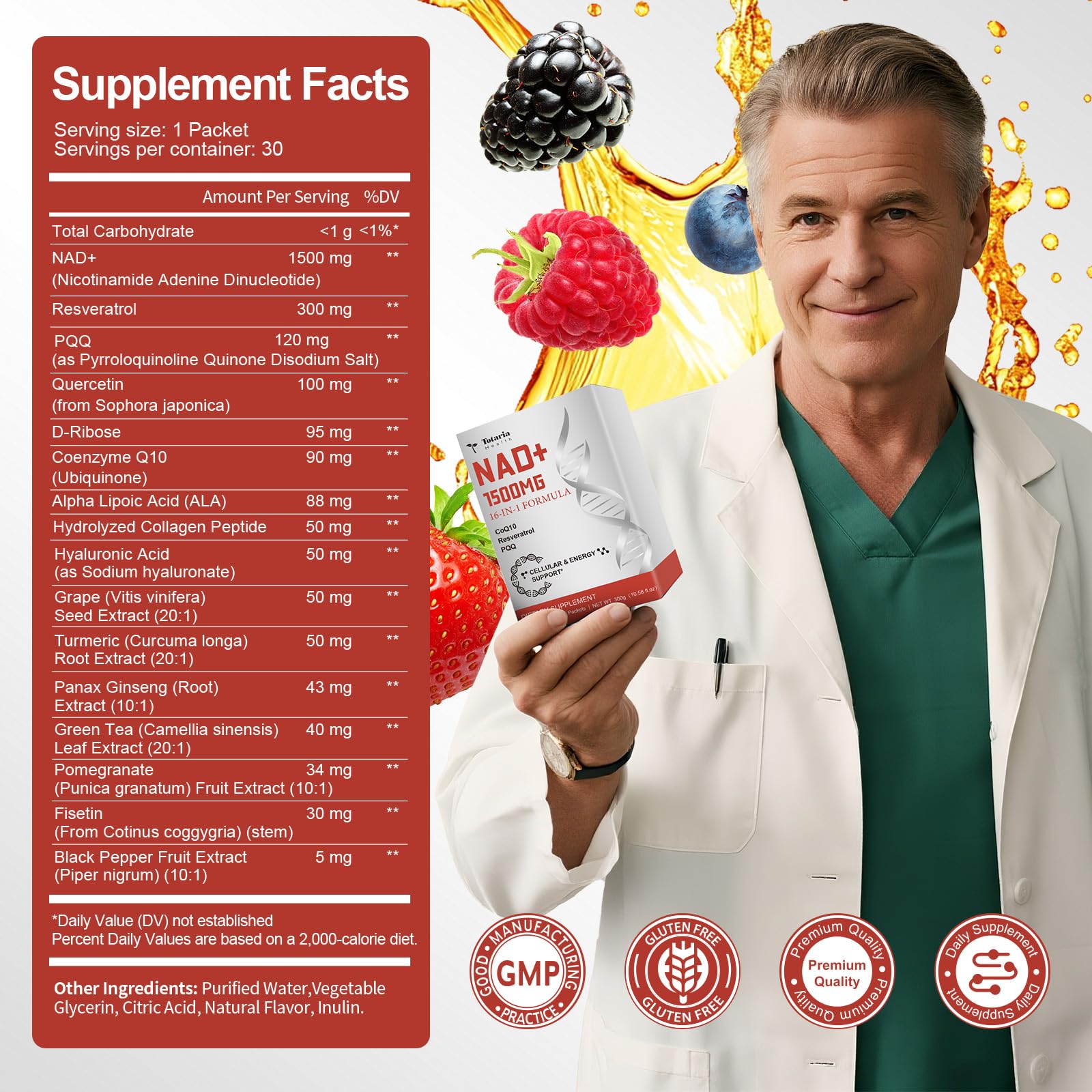 Totaria NAD Liquid Supplement 1500mg for Men & Women, Extra Strength NAD+, Resveratrol, PQQ, CoQ10, 16-in-1 Formula with Nicotinamide Riboside for Anti Aging, Energy, Immune, Focus (30 Packets) TotariaAu supplements