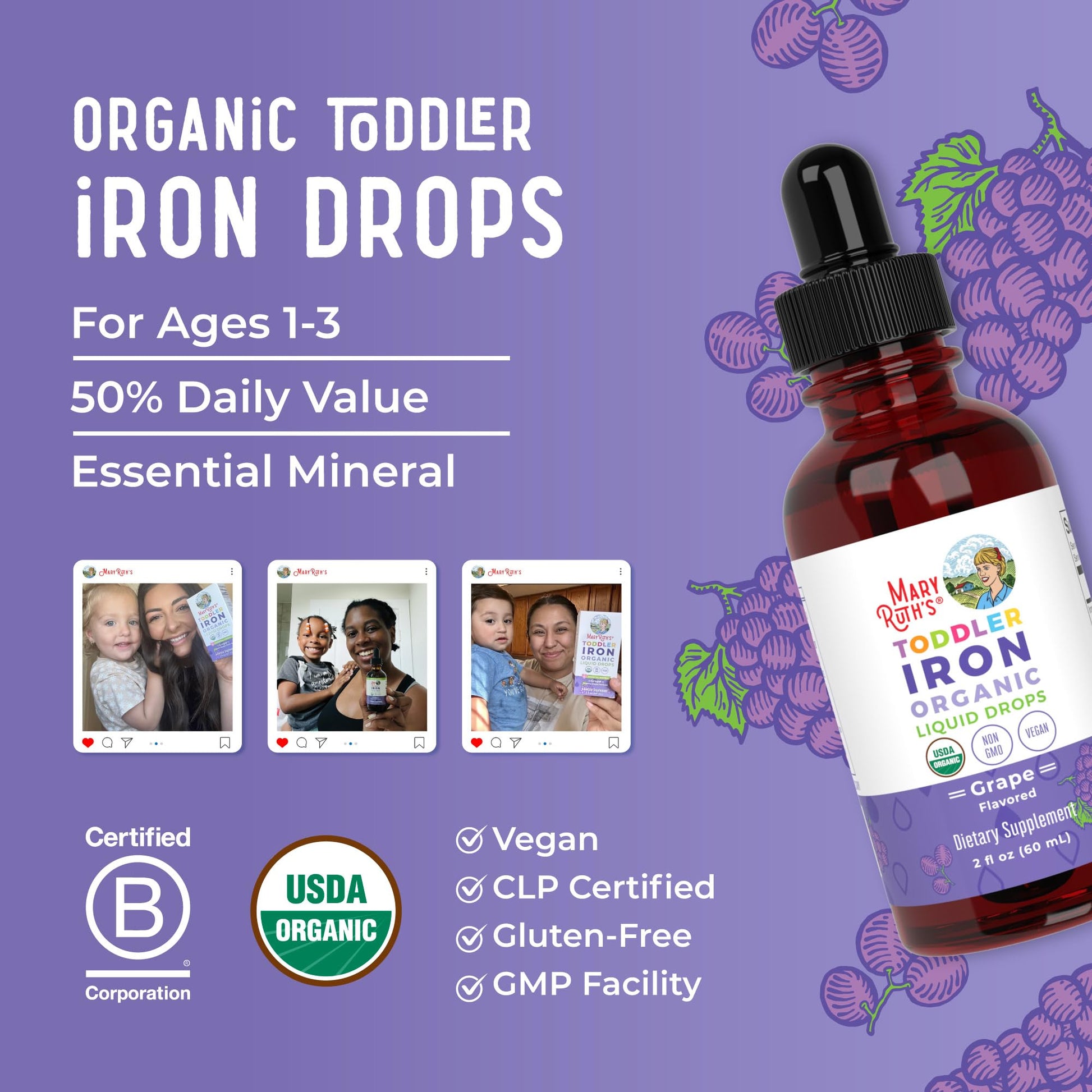 MaryRuth's Iron Supplement for Toddlers | Liquid Iron Supplement for Children Ages 1-3 | Iron Supplement for Iron Deficiency | Ferrochel | Sugar Free | Vegan | Non-GMO | Gluten Free | 2 Fl Oz MARYRUTH'SUS supplements
