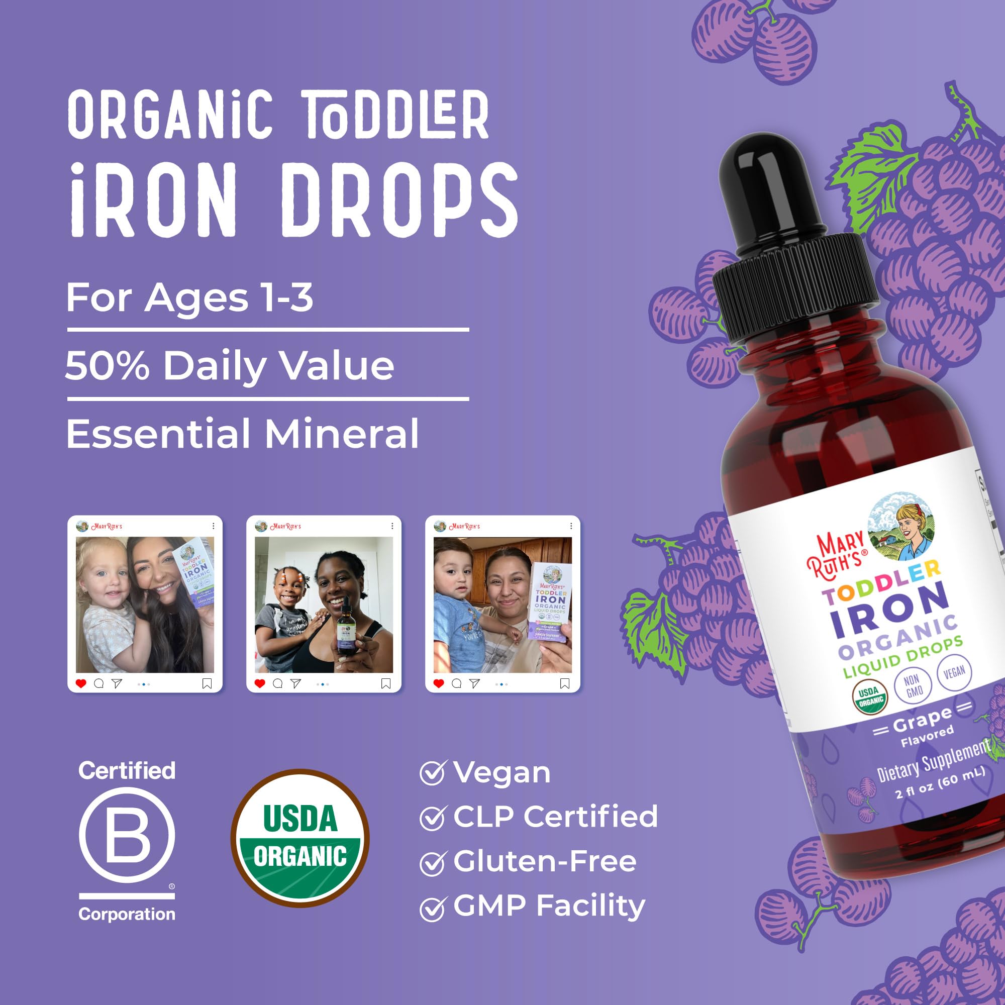 MaryRuth's Iron Supplement for Toddlers | Liquid Iron Supplement for Children Ages 1-3 | Iron Supplement for Iron Deficiency | Ferrochel | Sugar Free | Vegan | Non-GMO | Gluten Free | 2 Fl Oz MARYRUTH'SUS supplements