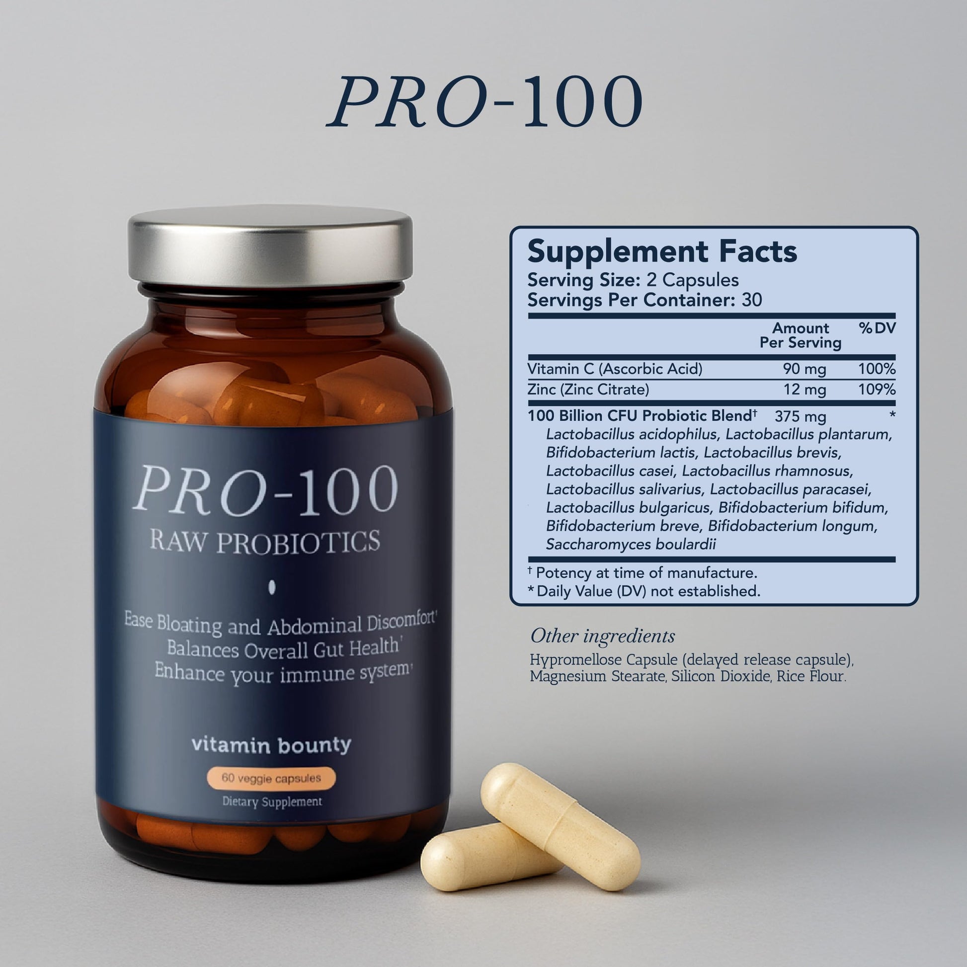 Vitamin Bounty Pro-100 Probiotic 100 Billion CFU - 13 Strains for Digestive Health & Immune Support - High Potency Probiotics for Women & Men - Delayed Release Capsules for Gut Health - 60 Count Vitamin BountyAu supplements
