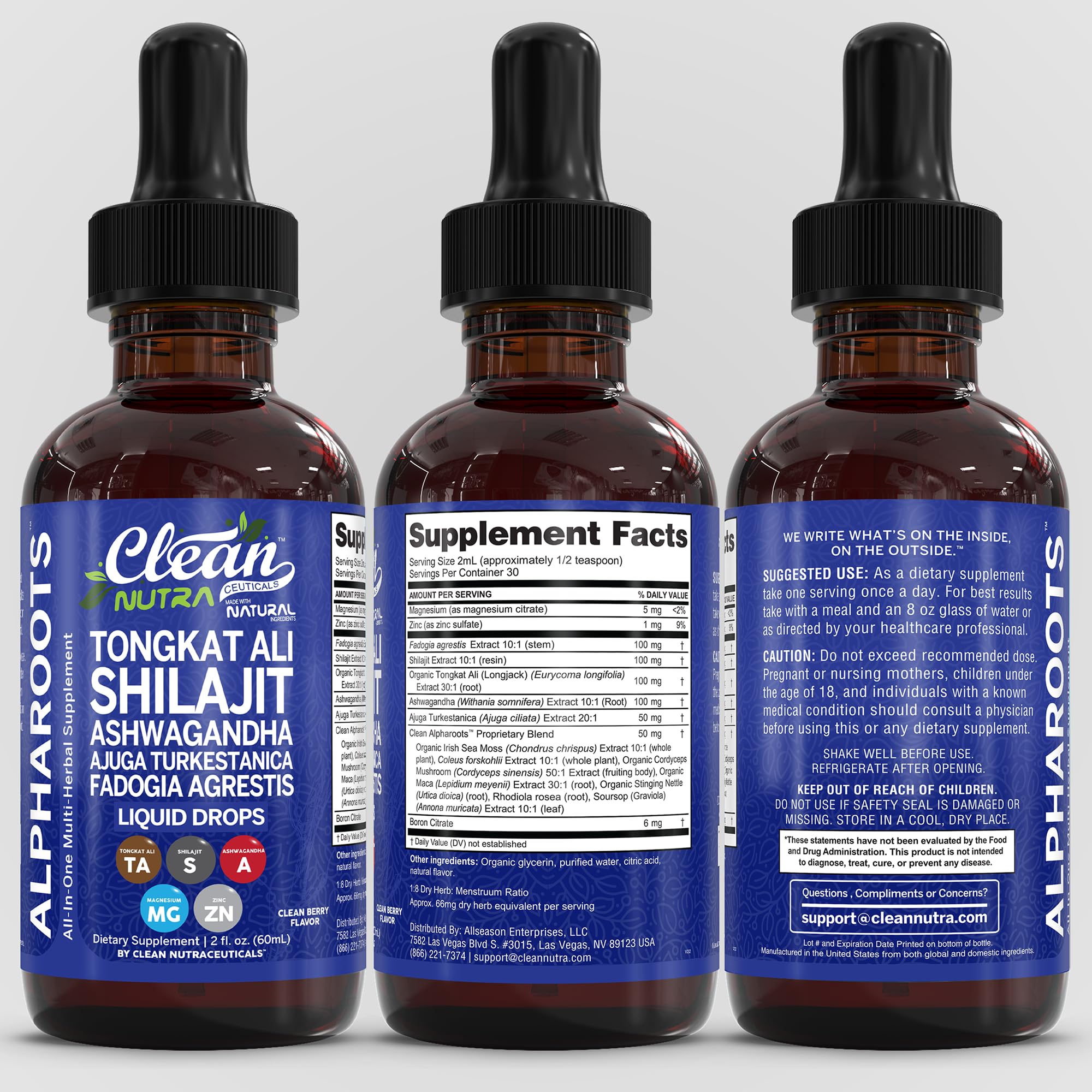 Tongkat Ali Liquid Drops Shilajit, Ashwagandha, Turkesterone, Fadogia Agrestis, Magnesium, Irish Sea Moss, and Zinc Herbal Supplement by Clean Nutra Clean NutraceuticalsAu supplements
