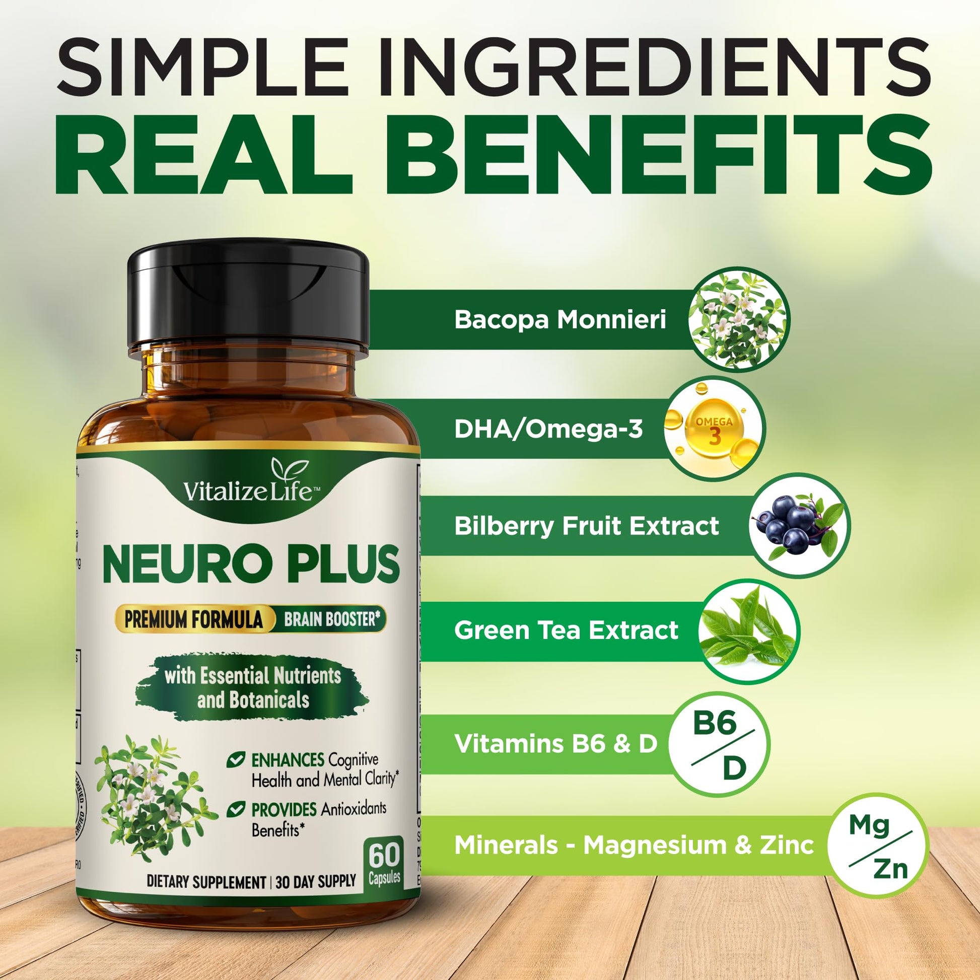 Neuro Plus Brain Supplement - Nootropic for Memory, Focus & Clarity - Neuro Brain and Focus Supplement with Bacopa Monnieri & DHA - Cognitive Support Formula - 60 Capsules Vitalize LifeAu supplements
