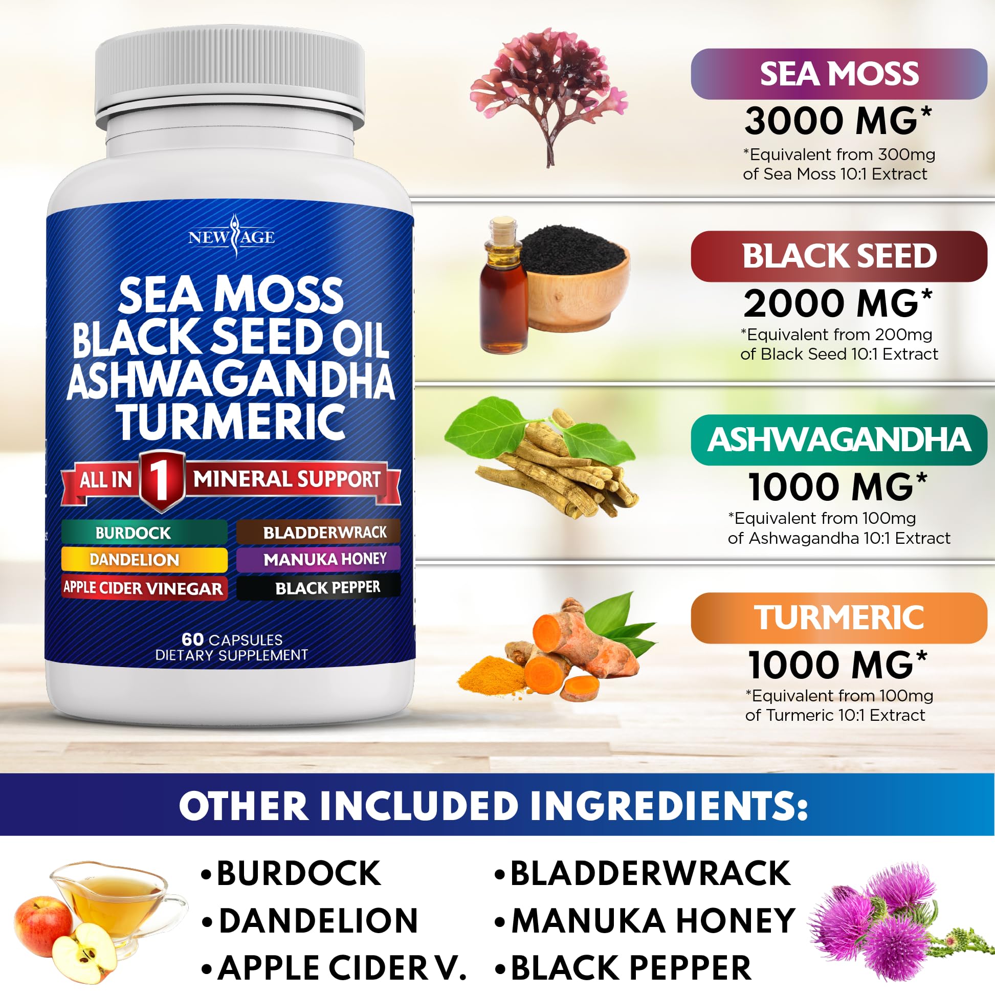 Silica Sea Moss 3000mg Black Seed Oil 2000mg Ashwagandha 1000mg Turmeric 1000mg NEW AGEAu supplements