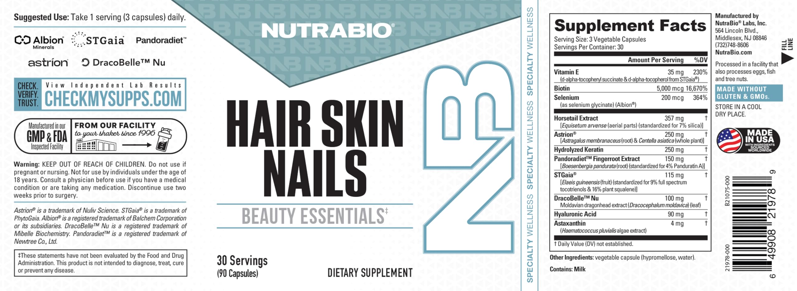NutraBio Hair Skin Nails Vitamins | Enhanced Collagen Support | Skin Hydration | Hair Growth Vitamins for Women with Biotin, Keratin, Hyaluronic Acid & More - 90 Capsules NutraBioAu supplements
