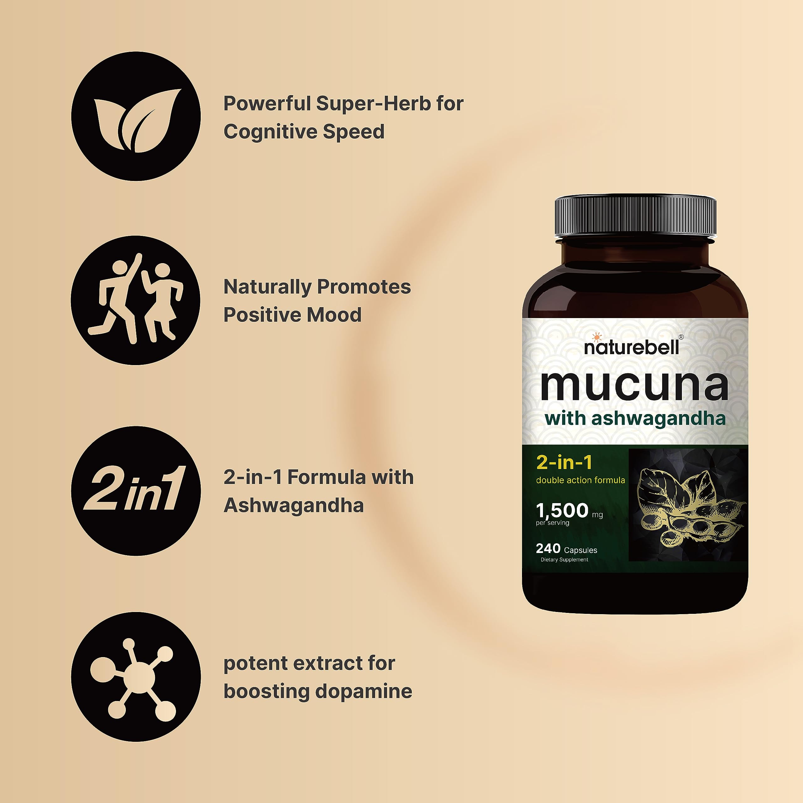 2 Pack NatureBell Mucuna Pruriens Capsules, 1500mg Per Serving, Made with Mucuna NatureBellUS supplements