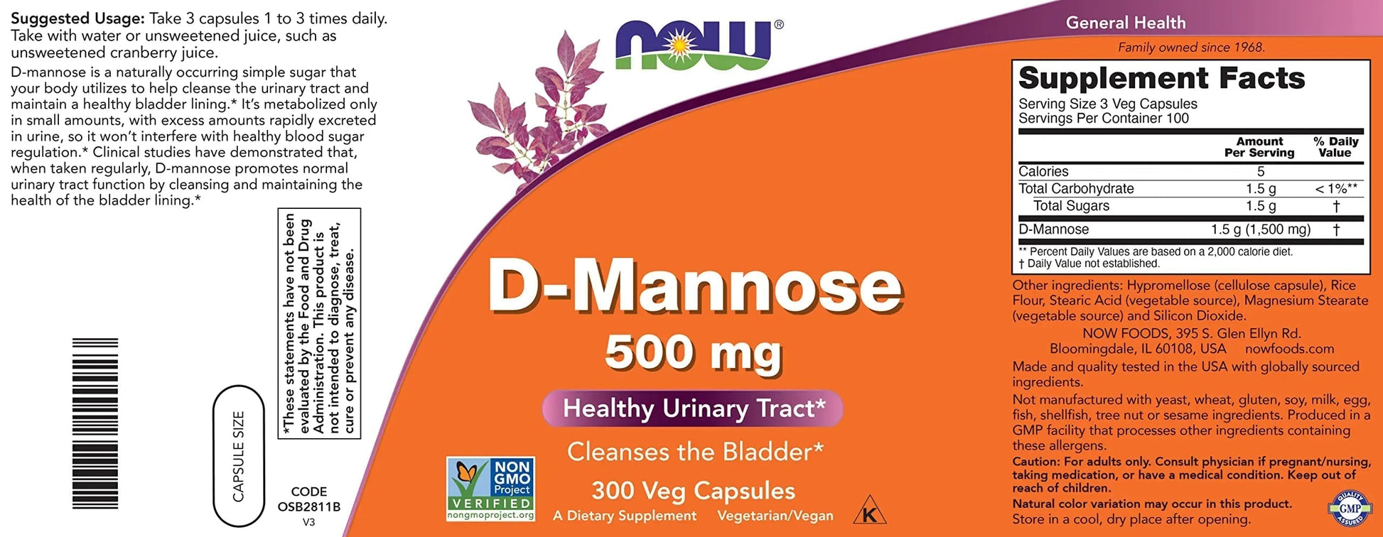 Now D-Mannose 500 mg, 300 Capsules - Vegan, Non GMO Supplement for Women and Men - Supports Healthy Urinary Tract, Cleanses The Bladder NOW FoodsAu supplements