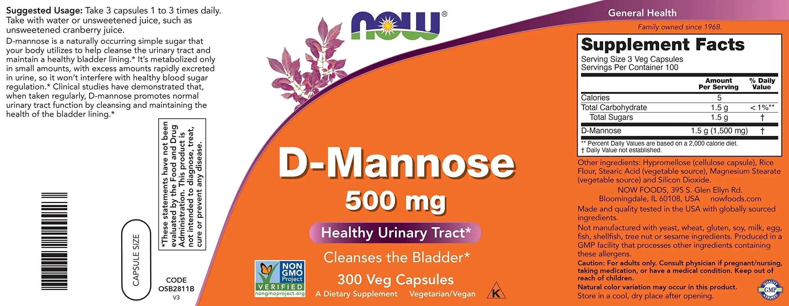 Now D-Mannose 500 mg, 300 Capsules - Vegan, Non GMO Supplement for Women and Men - Supports Healthy Urinary Tract, Cleanses The Bladder NOW FoodsAu supplements
