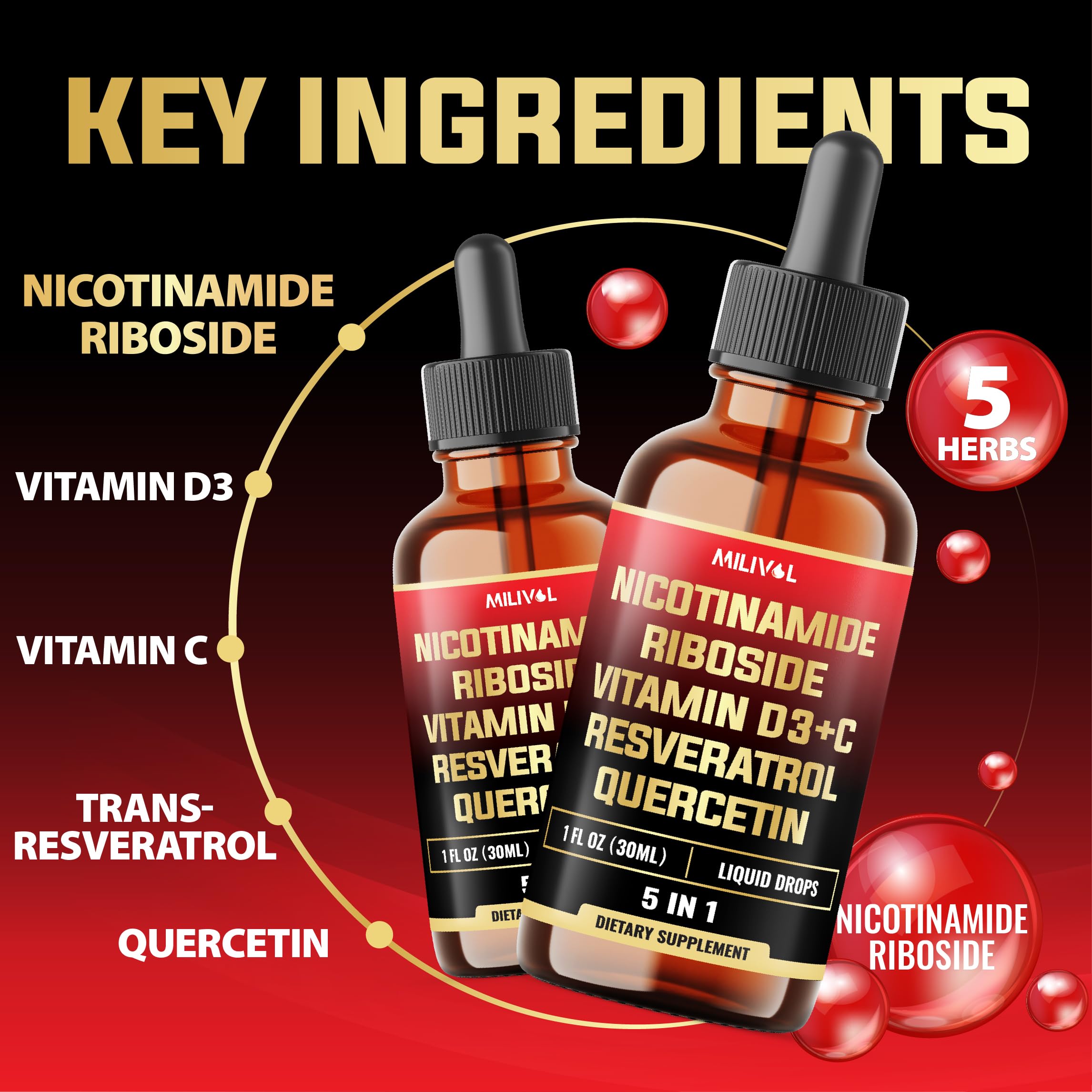 MILIVOL 5in1 NAD+ Liquid Drops w/Nicotinamide Riboside NR 900mg, Quercetin 500mg, Trans-resveratrol 500mg, Vitamin D3-C - Cellular Energy & Repair, Vitality, Healthy Aging - 1FL Oz - 1 Month Supply MILIVOLAu supplements