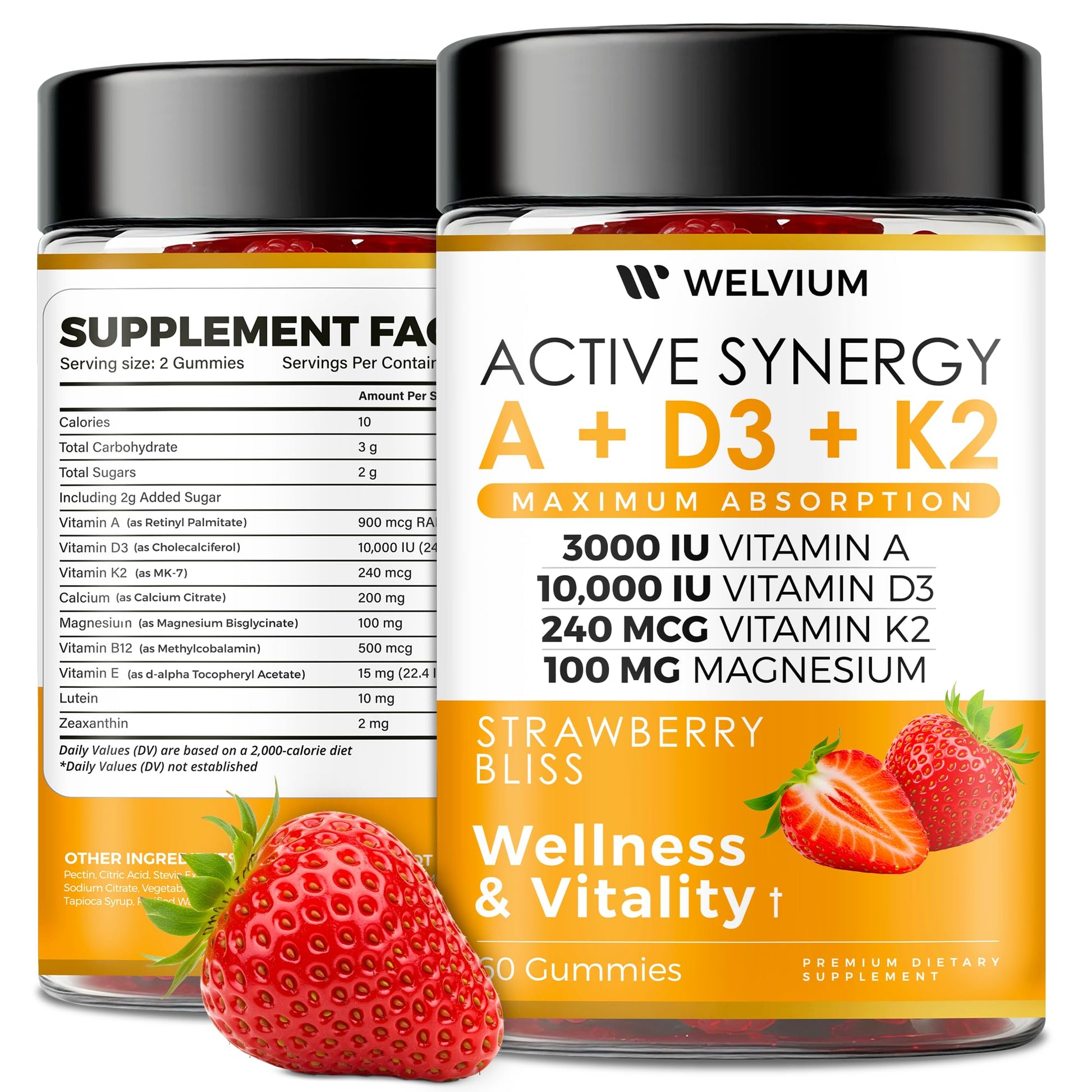 WELVIUM Vitamin D3 K2 Gummies 10000 IU with Magnesium Glycinate, Calcium, B12, K2 MK-7, Vitamins A, E, Lutein, Zeaxanthin - ADK Chewable Supplement for Bone, Eye, Immune Support - D3K2 Gummies WELVIUMAu supplements