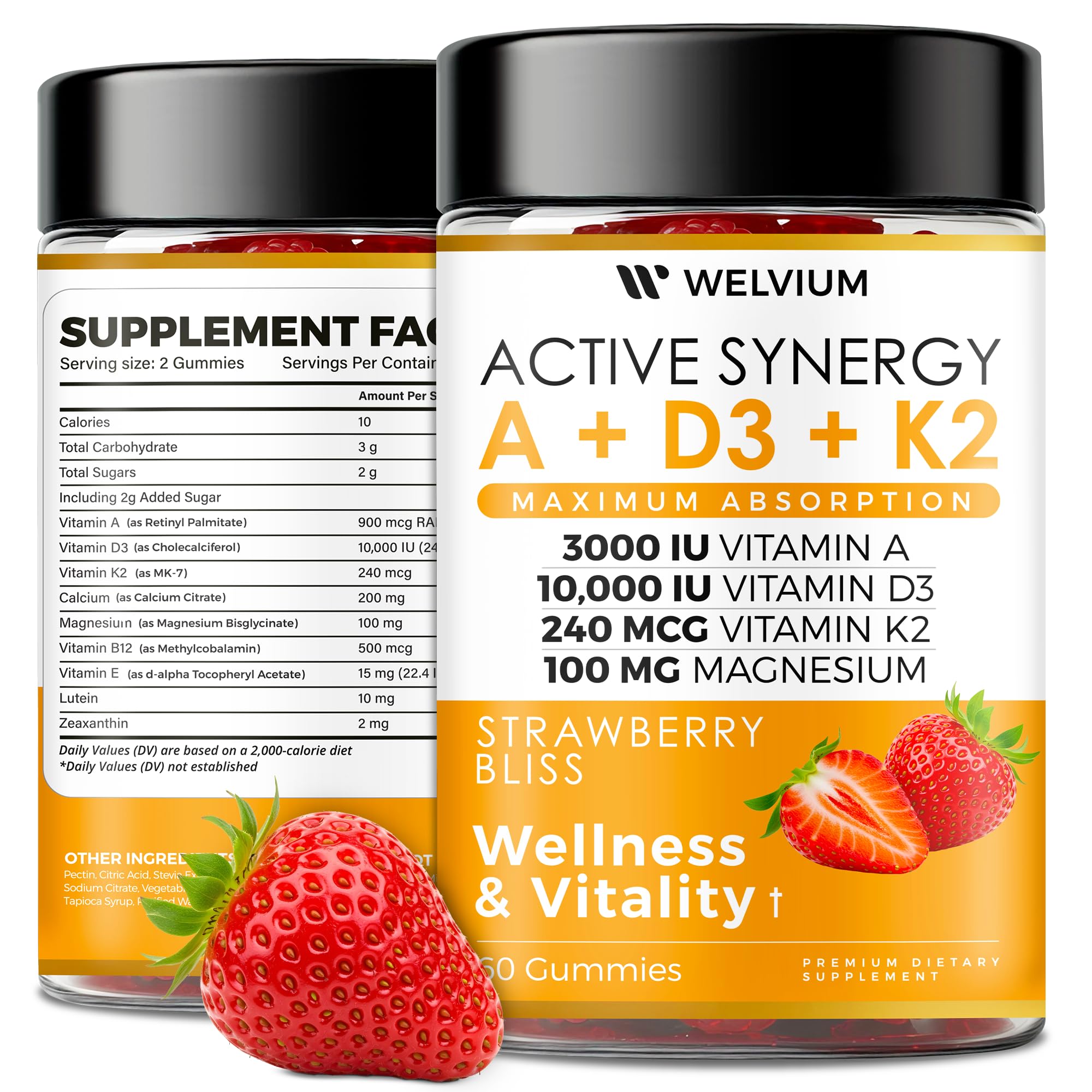 WELVIUM Vitamin D3 K2 Gummies 10000 IU with Magnesium Glycinate, Calcium, B12, K2 MK-7, Vitamins A, E, Lutein, Zeaxanthin - ADK Chewable Supplement for Bone, Eye, Immune Support - D3K2 Gummies WELVIUMAu supplements
