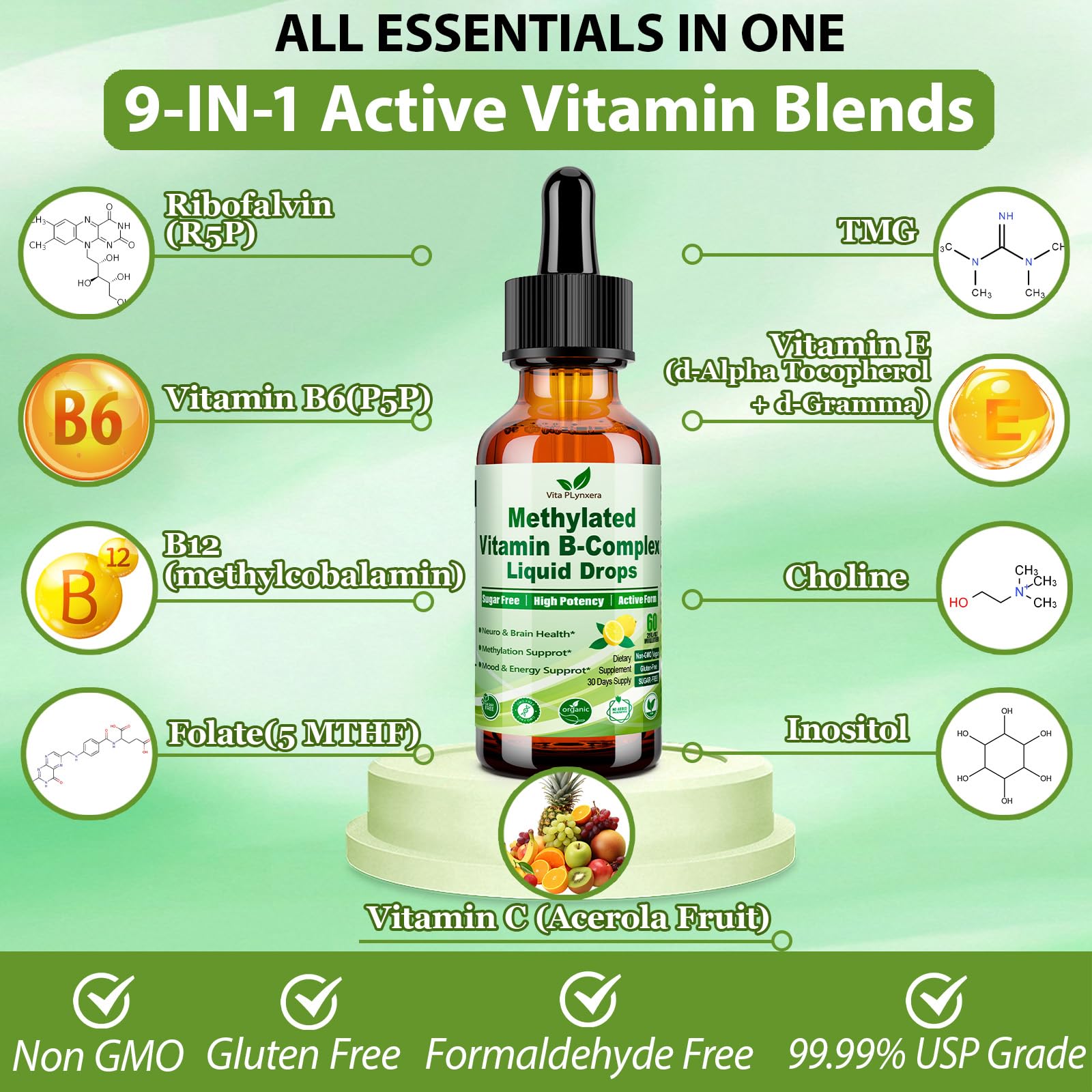 Methylated B Complex Liquid Drop Complete 9-in-1 Methyl B Vitamins w. B12 Methylfolate Inositol Choline TMG Vitamin C E, Super B-Complex Methylated for MTHFR Support, Energy Mood Nerve & Brain Health1 Vita PLynxeraAu supplements