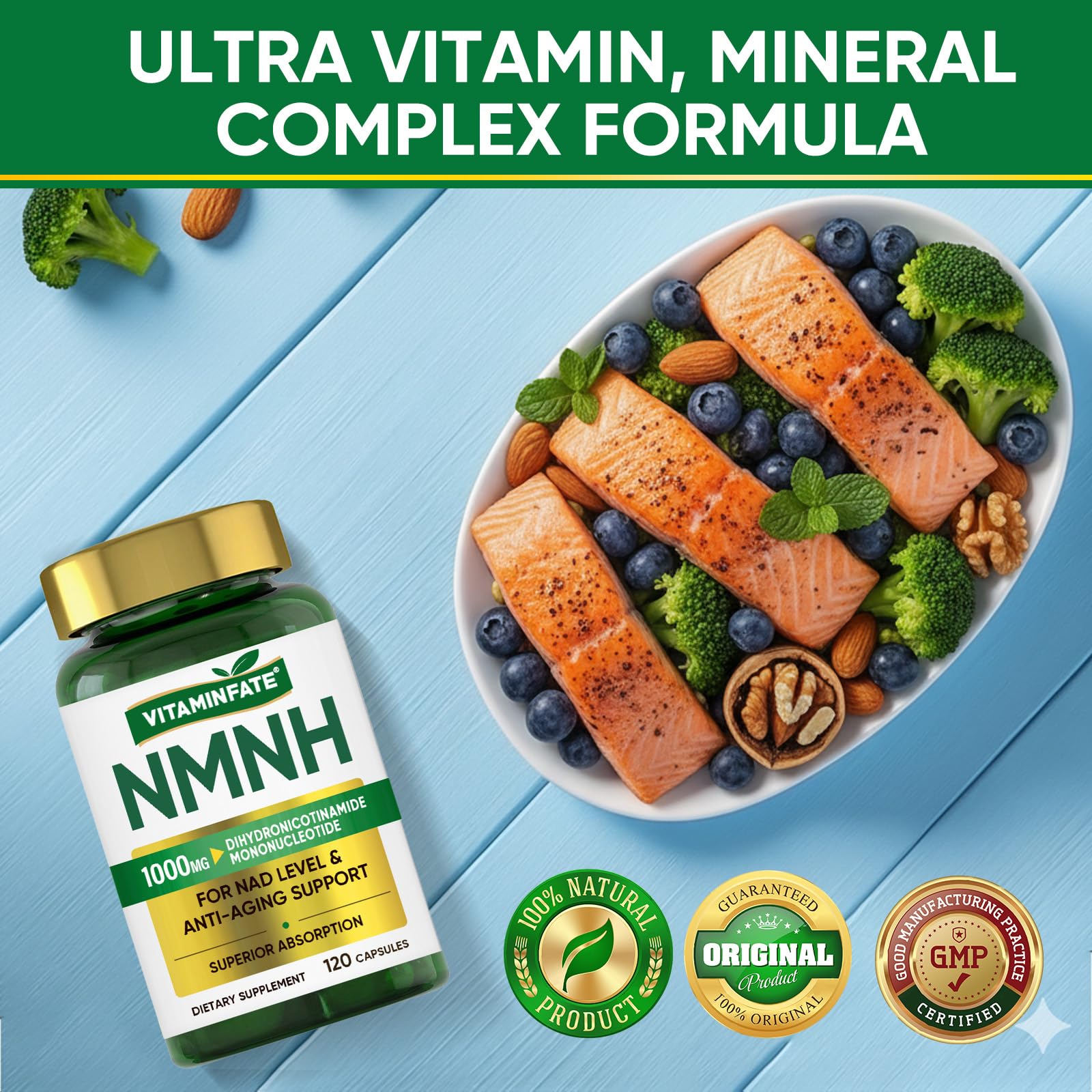 VITAMINFATE NMNH Supplement 1000 mg - 120 Capsules | NMN Alternative | Supports Anti-Aging, Cellular Energy and Repair, Metabolism & Brain Boost VITAMINFATEAu supplements