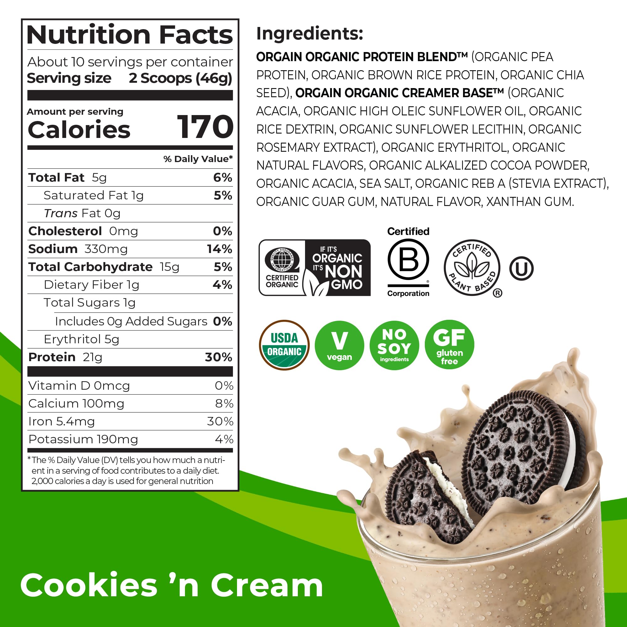 Orgain Organic Vegan Protein Powder, Cookies and Cream - 21g Plant Based Protein OrgainUS supplements