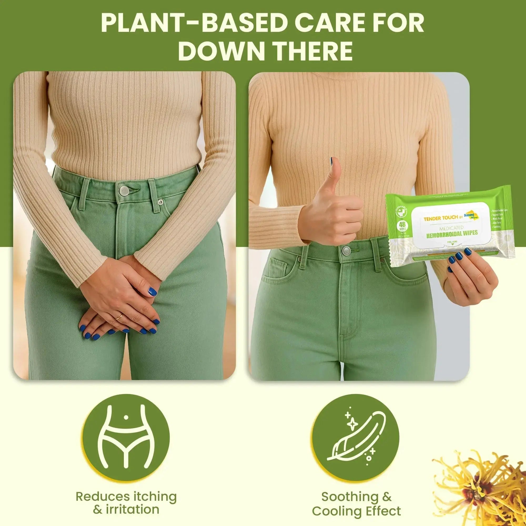 Tender Touch Hemorrhoid Wipes with Witch Hazel and Aloe, Flushable Medicated Wipes for Hemorrhoid and Vaginal Relief - Postpartum-Safe, Fragrance-free, Travel Size, 1 Pack, 48-ct. Diamond WipesAu supplements