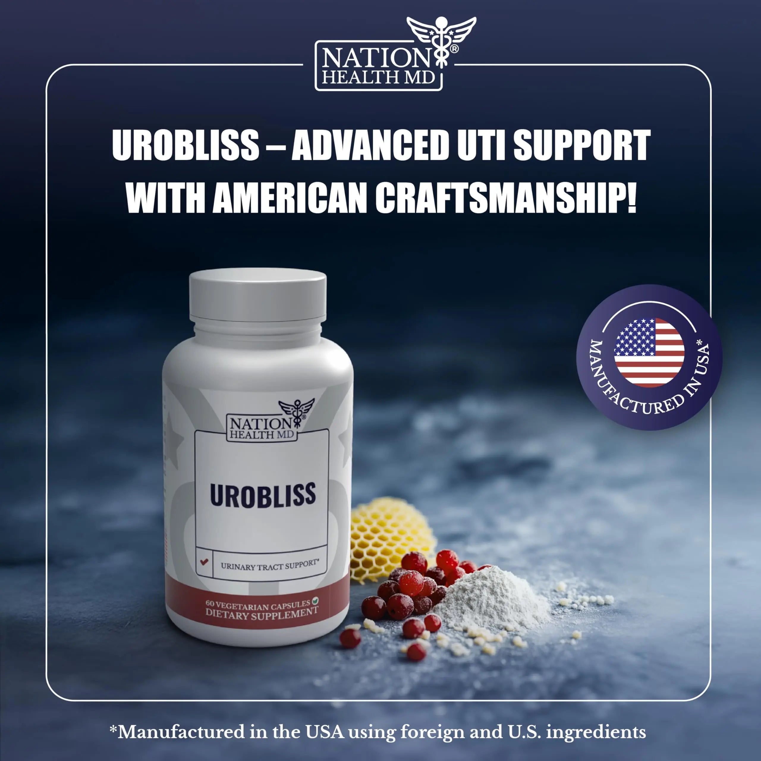 NATION HEALTH MD UroBliss Formula for Urinary Tract Support - D Mannose 1000mg Capsules with Cranberry Extract for Feminine Care and UTI-Health, 60 Capsules NATION HEALTH MDAu supplements