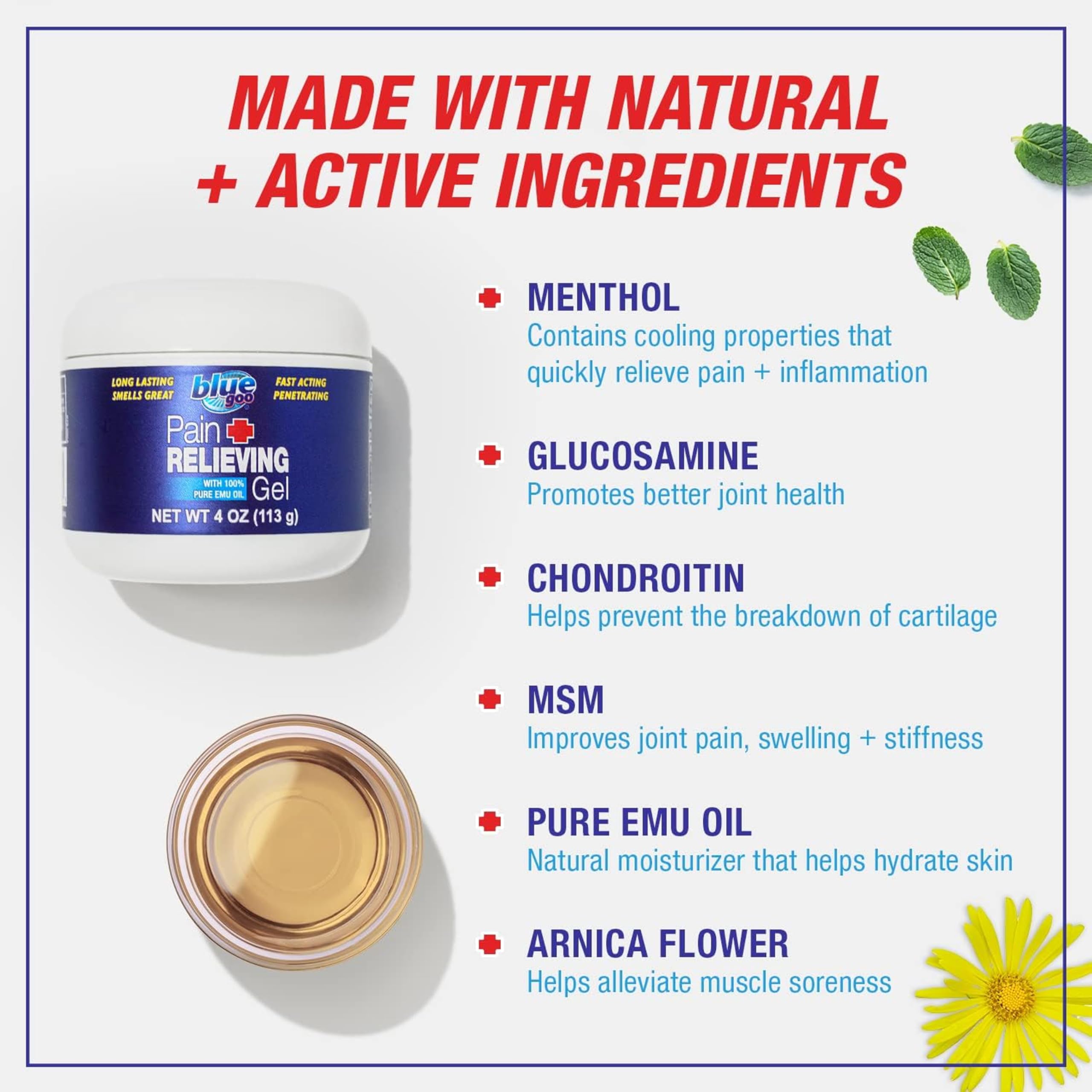 Blue Goo Pain Relieving Gel – Relief for Back, Neck, Muscle and Joint Pain, Fast-Acting Cooling and Soothing Relief with 100% Pure Emu Oil, 4 oz (1 Pack) Blue GooAu supplements