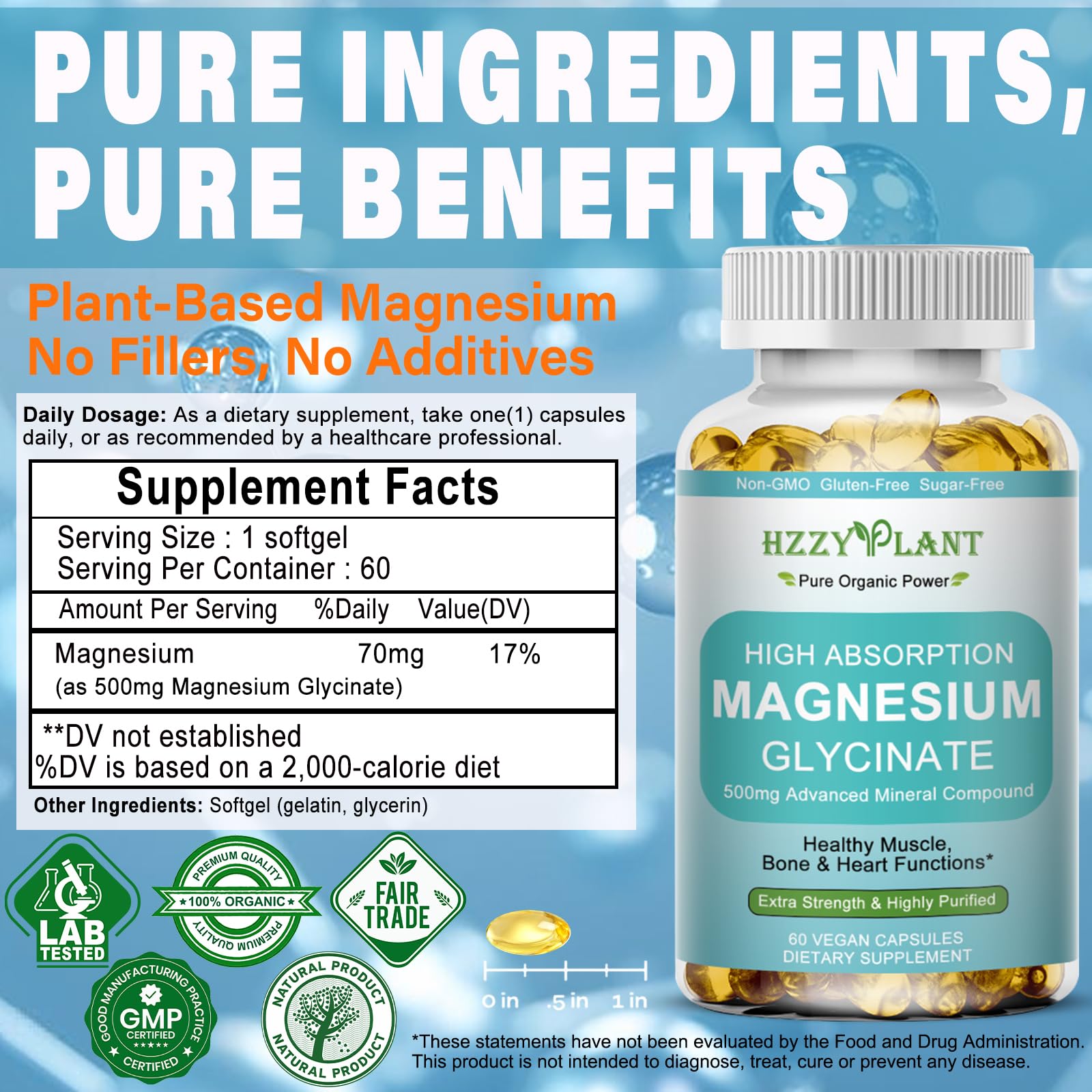 Magnesium Glycinate 500mg Softgels, High Absorption Magnesium Supplement Softgel Capsules for Muscle, Heart, Sleep & Bone Support, Stress Relief, Nerve Health & Metabolism, Non-GMO, 2 Month Supply HZZYPLANTAu supplements