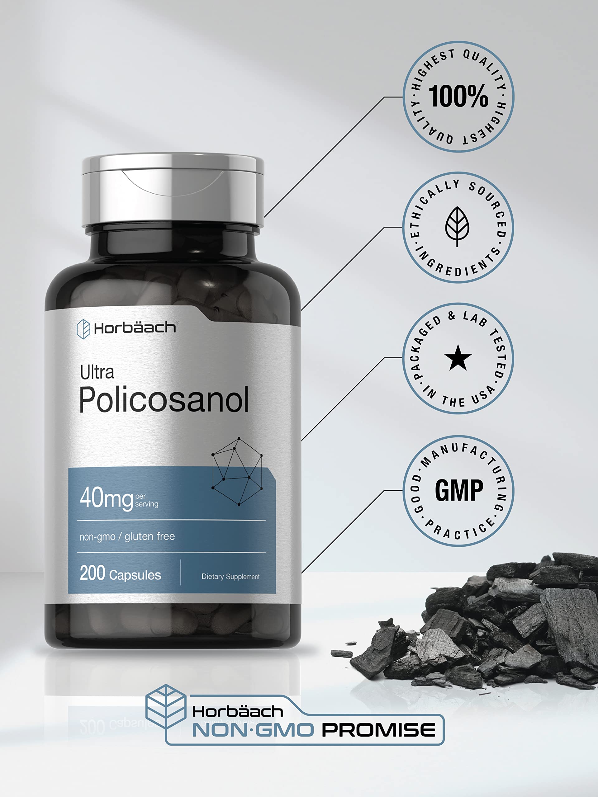 Policosanol 40mg | 200 Capsules | Non-GMO and Gluten Free | by Horbaach HorbäachAu supplements