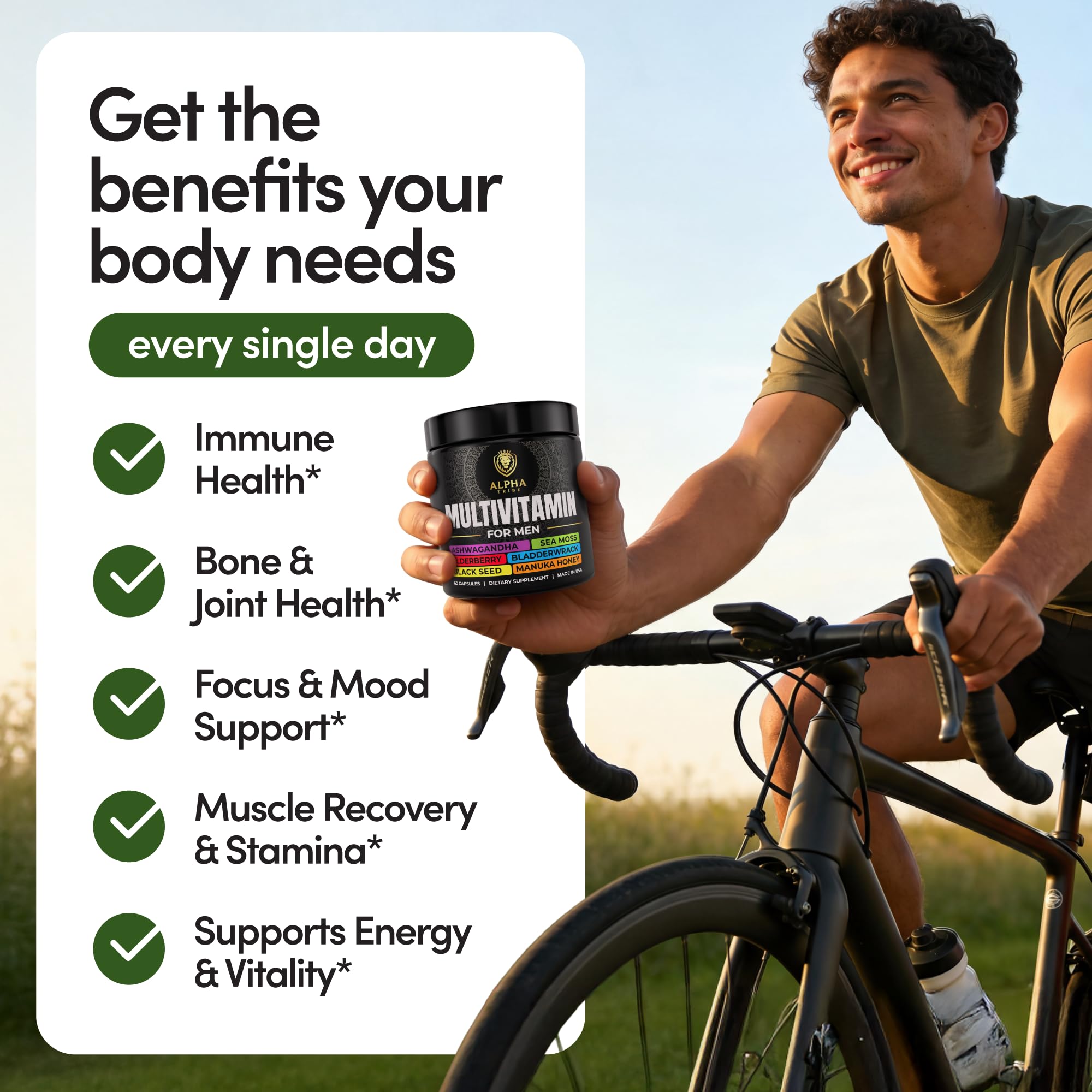 Alpha Tribe Multivitamin for Men & Organizer w/Seamoss Black Seed Oil Ashwagandha Burdock Root Turmeric Bladderwrack Vitamin C | Daily Men's Vitamins & Minerals Supplement | 60 Count Alpha TribeAu supplements