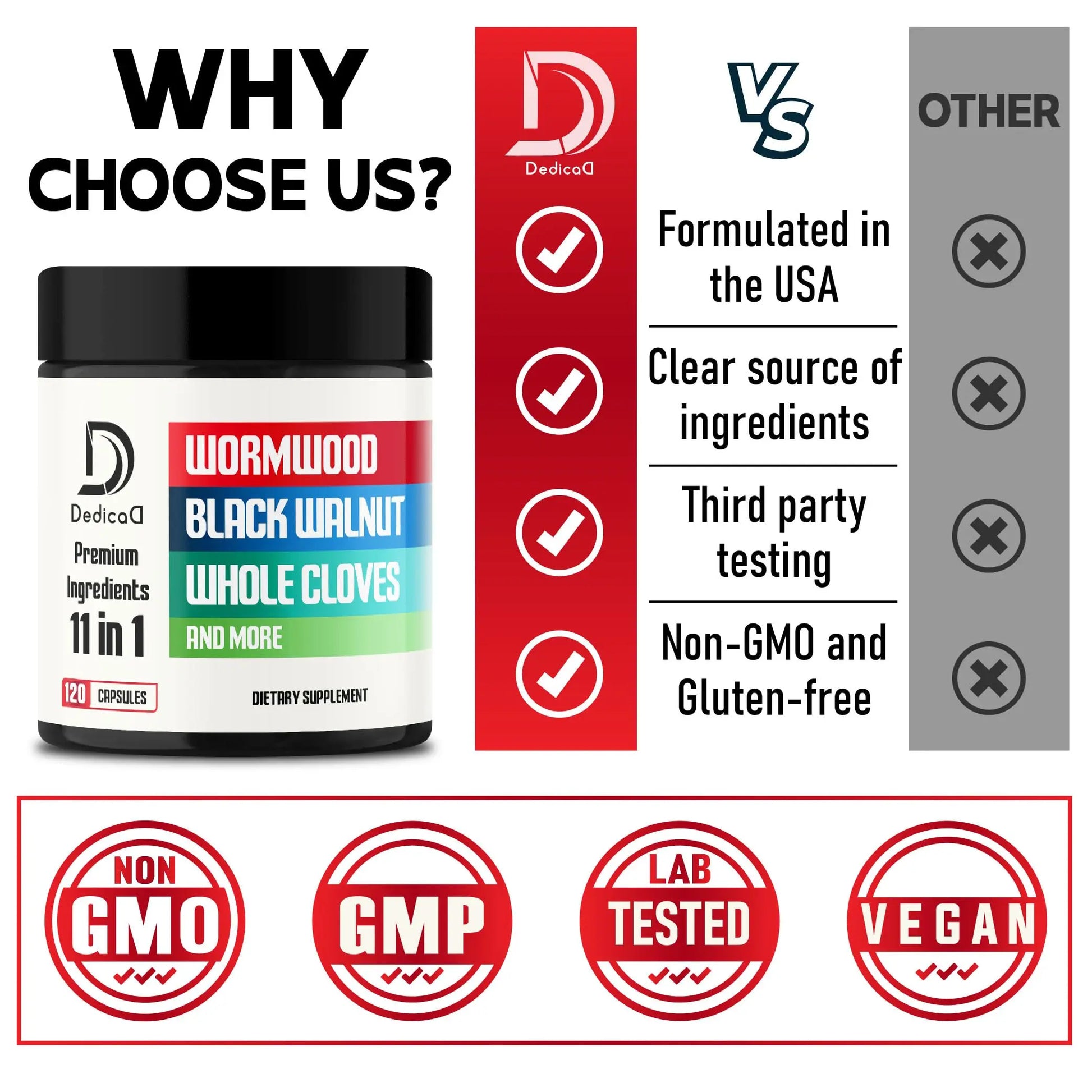 DEDICAD Wormwood Supplement - 120 Capsules Extracted from Black Walnut, Cloves, Turmeric, Apple, Berberine HCl & More - 11 Ingredients Combined for Immune System - 2-Month Supply DEDICADnz supplements