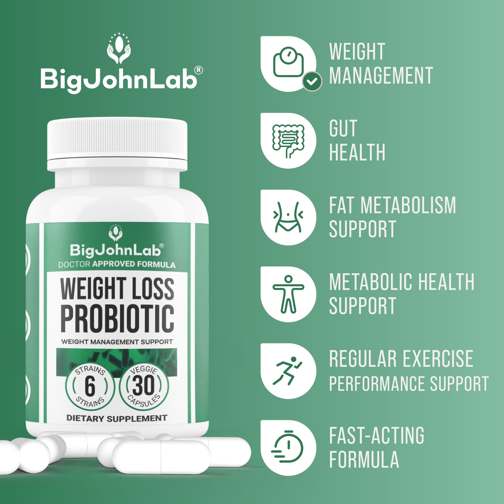 BIGJOHNLAB® - Probiotics for Weight Management & Bloating - 6 Probiotic Strains - Prebiotics - Key Ingredient Cayenne & Green Tea - Supports Gut Health - Weight Management for Women & Men - 30 CT BIGJOHNLABAu supplements