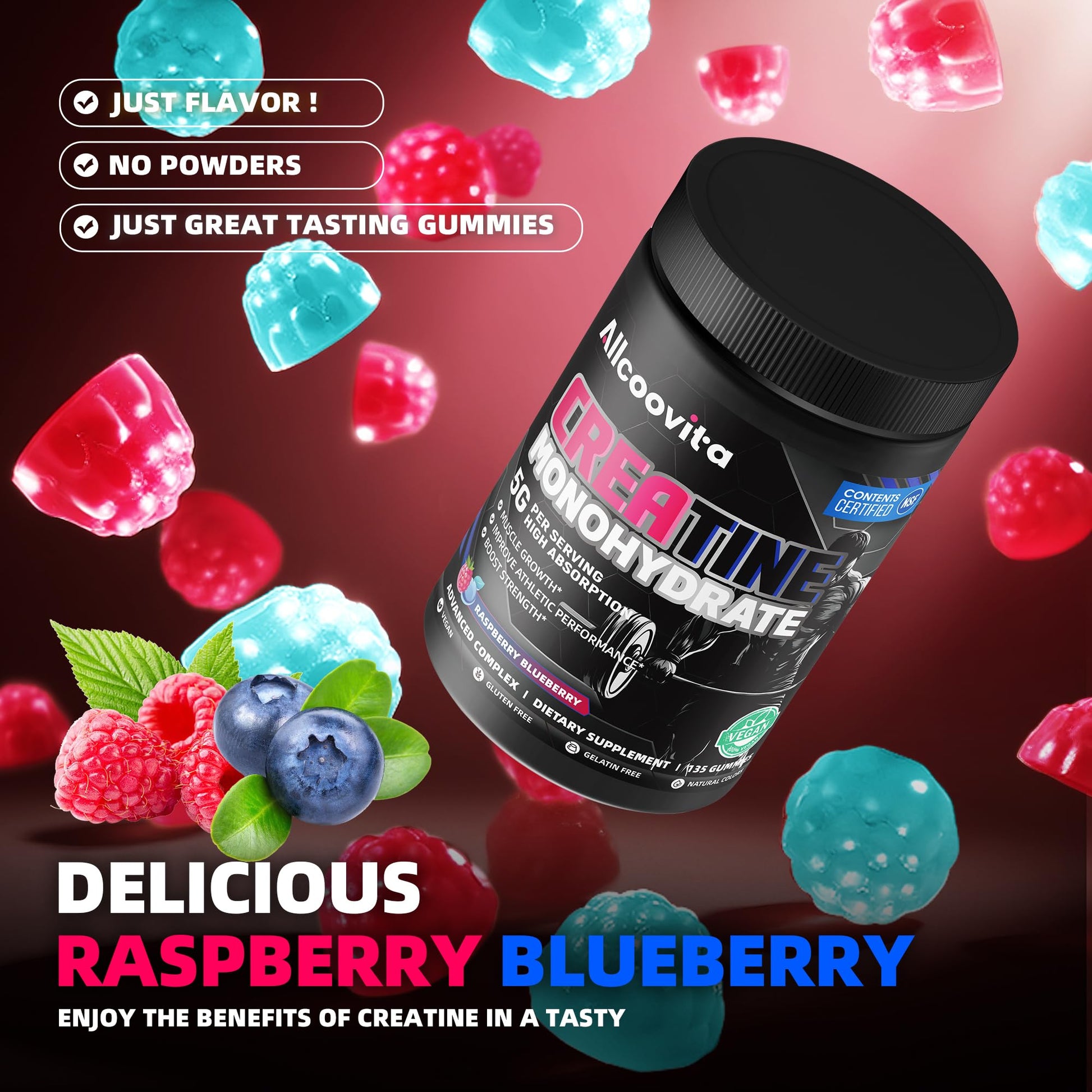 NSF Certified Creatine Gummy 5g - Creatine Monohydrate Gummies for Men & Women. Boost Focus,Strength, and Endurance, Anti-Melting Formula, Vegan, Gluten-Free, Non-GMO,(Raspberry & Blueberry 135 ct) AllcoovitaAu supplements