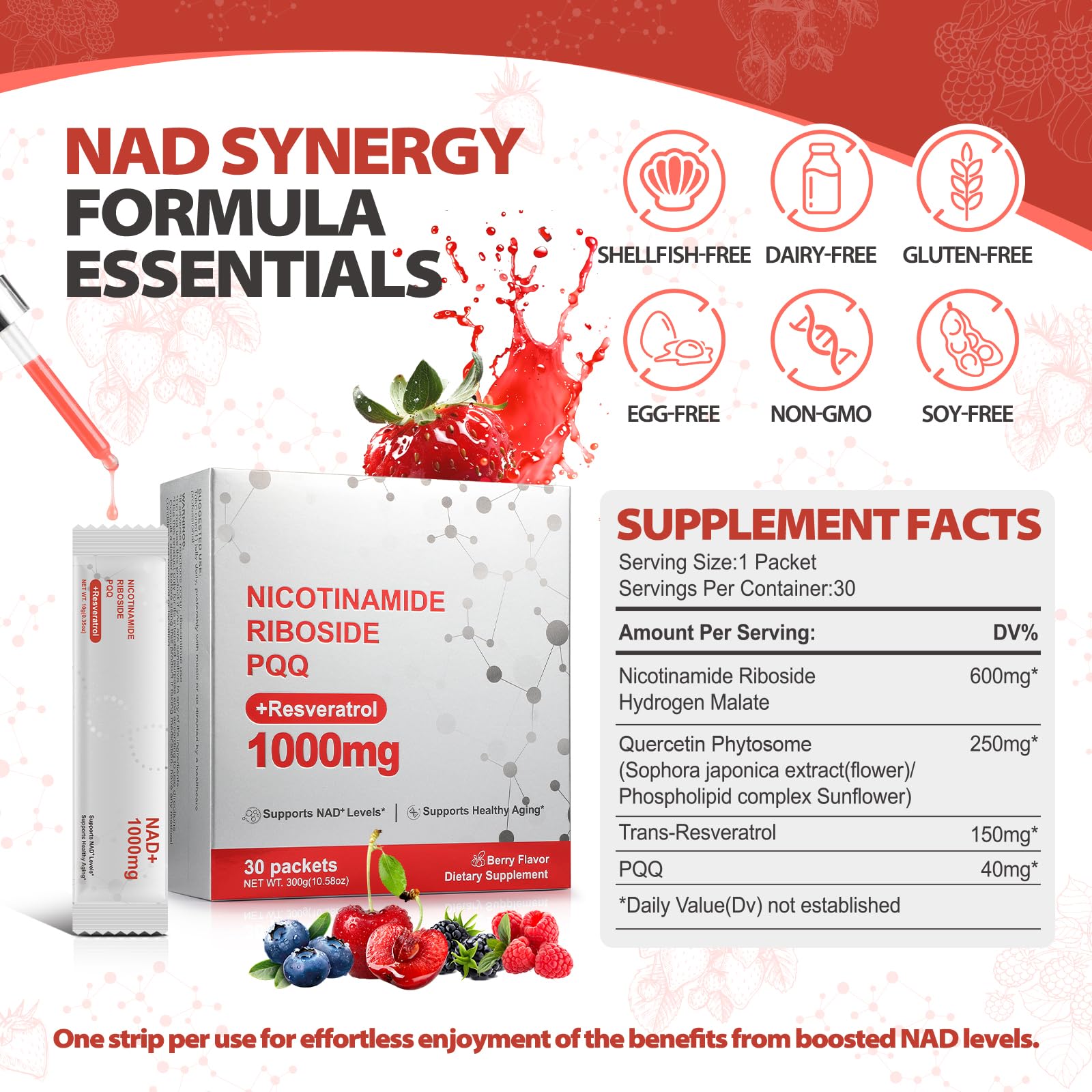 Zooone NAD+ Liquid Supplement 1000mg, Nicotinamide Riboside & Resveratrol, Extra Strength Berry Flavor Drink Mix for Energy, Focus & Anti-Aging -30 Pack ZoooneAu supplements